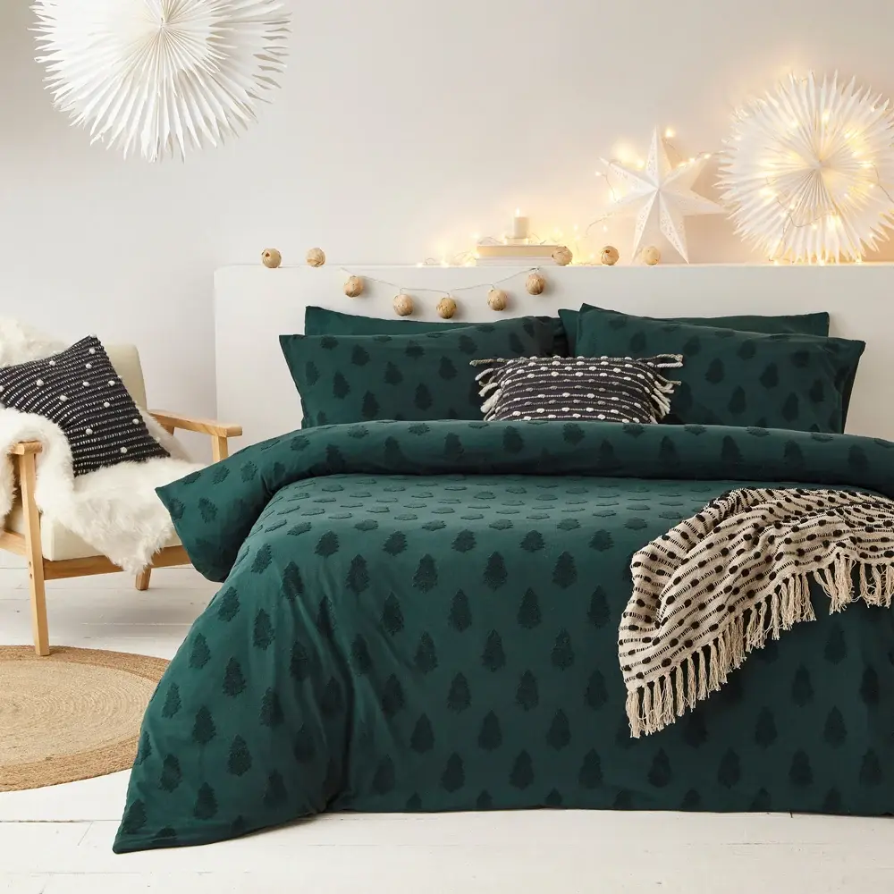 Tufted Tree Festive 100% Cotton Duvet Cover Set (Pine Green)