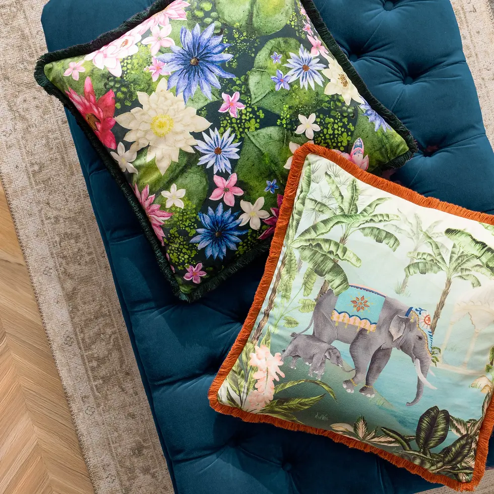 Thumbnail: Marjoelle Flowers Printed Velvet Cushion Cover (Multicolour)