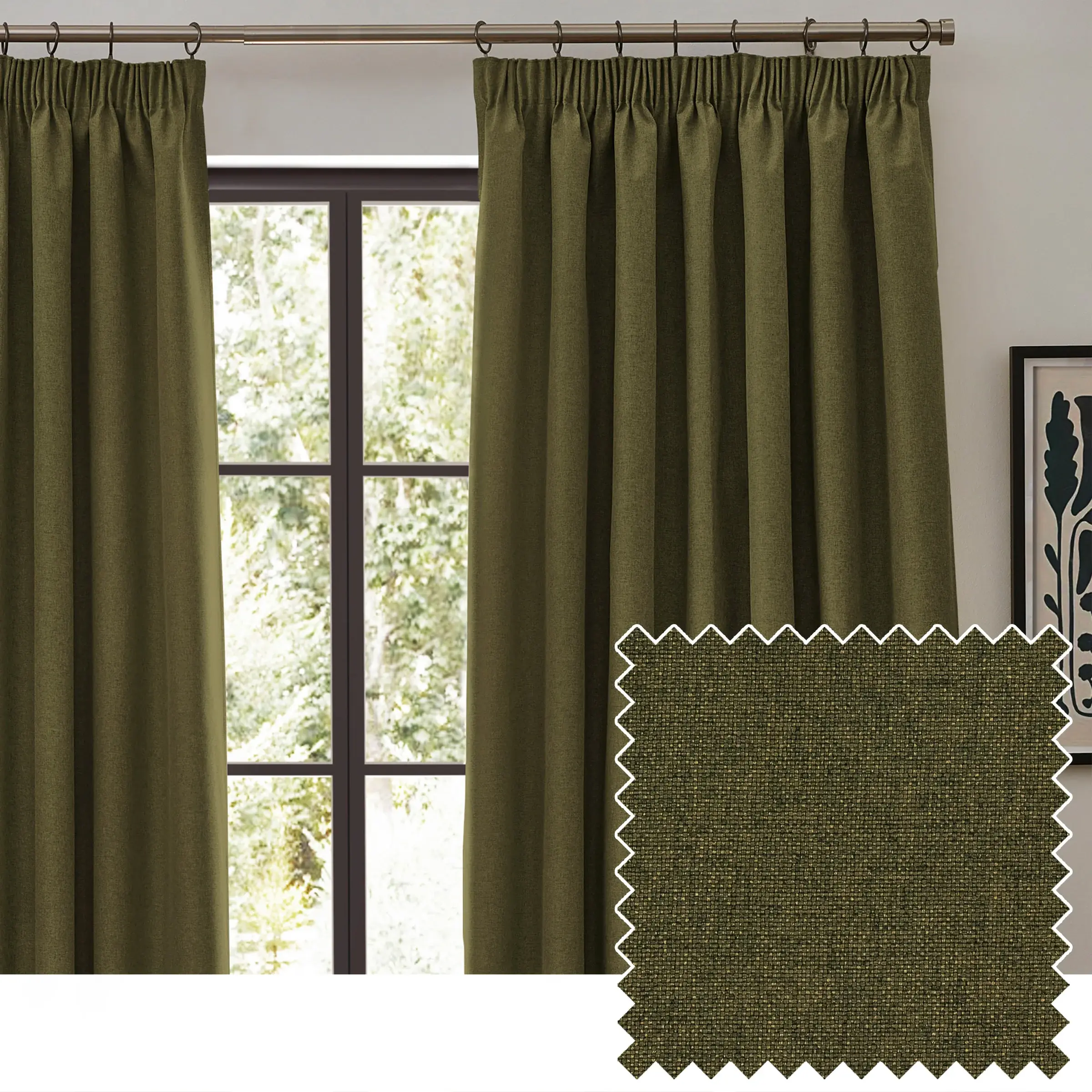 Dawn Textured Blackout Pencil Pleat Curtains (Olive)