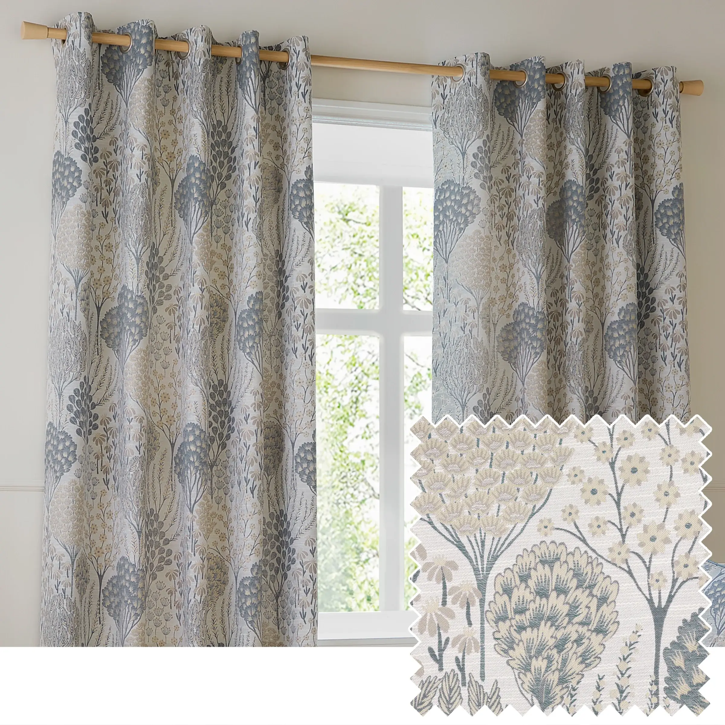 Ophelia Floral Jacquard Eyelet Curtain (Wedgewood)