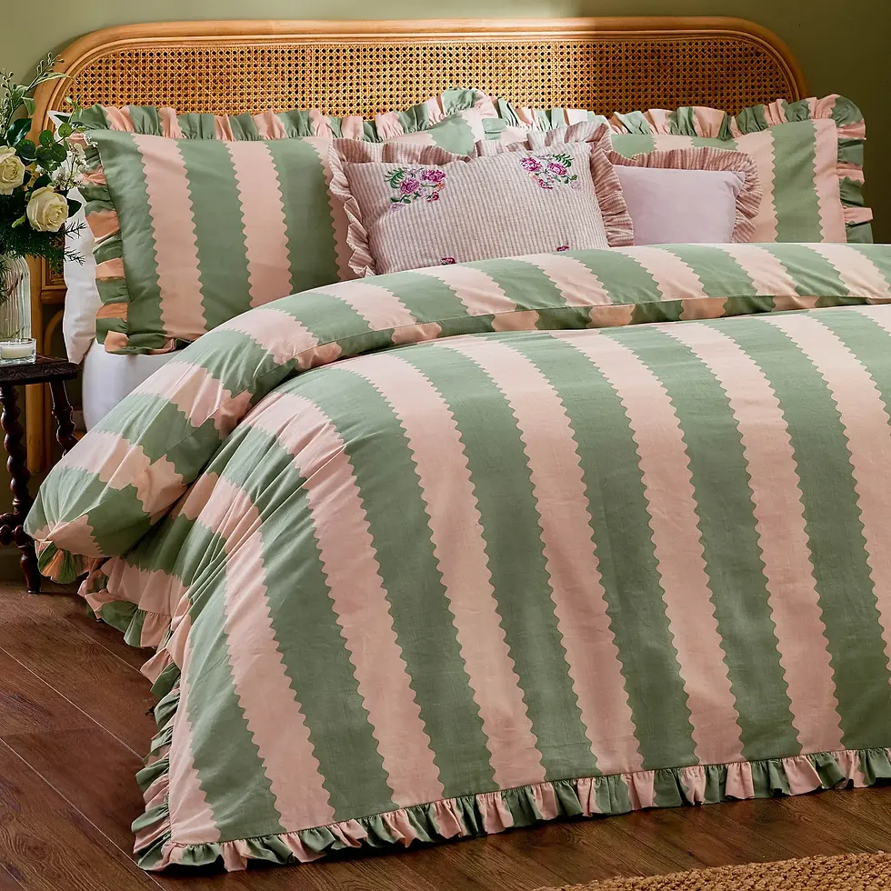 Thumbnail: Birdie Stripe Ruffle Duvet Cover Set (Pink/Green)