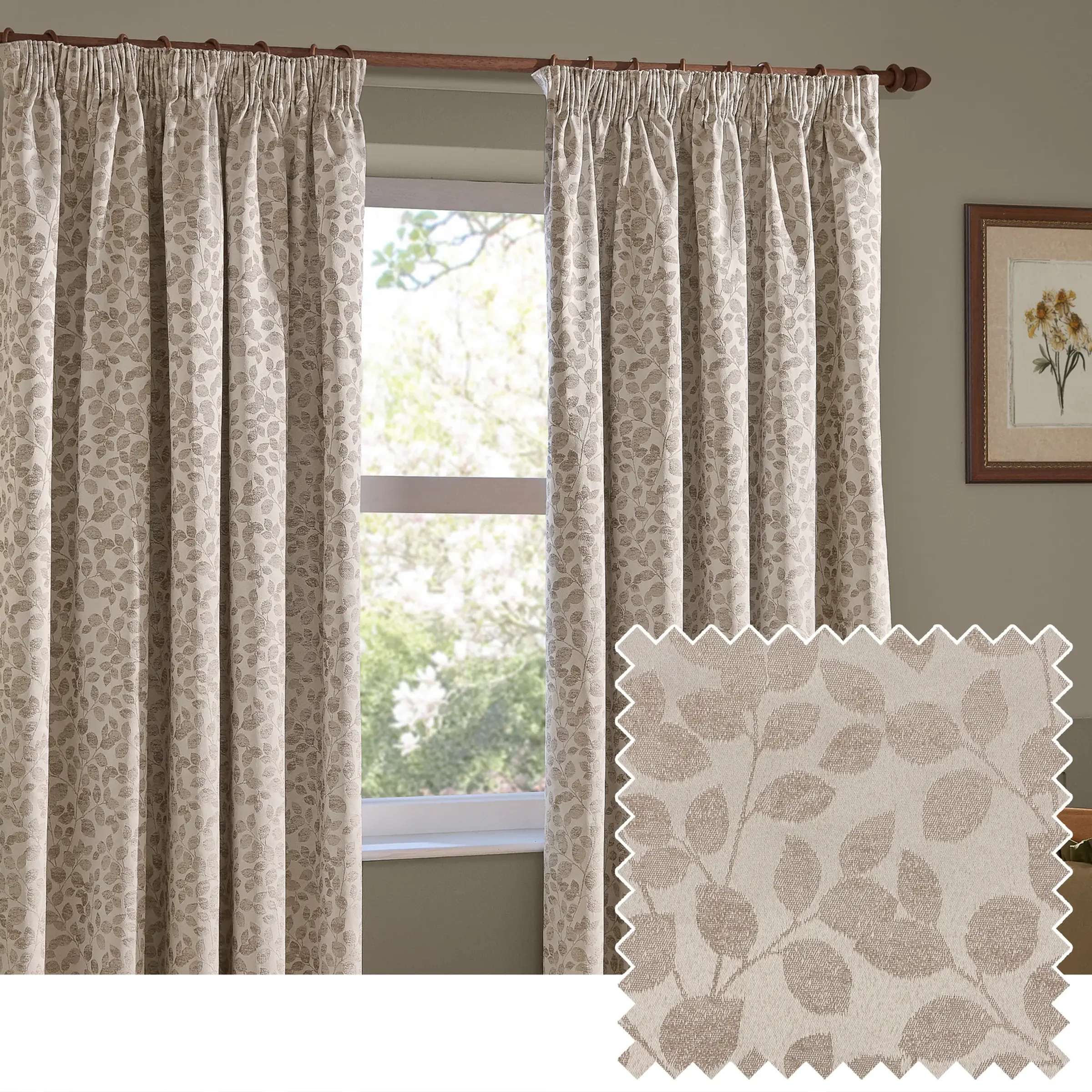 Grace Leaf Jacquard Fully Lined Pencil Pleat Curtains (Natural)