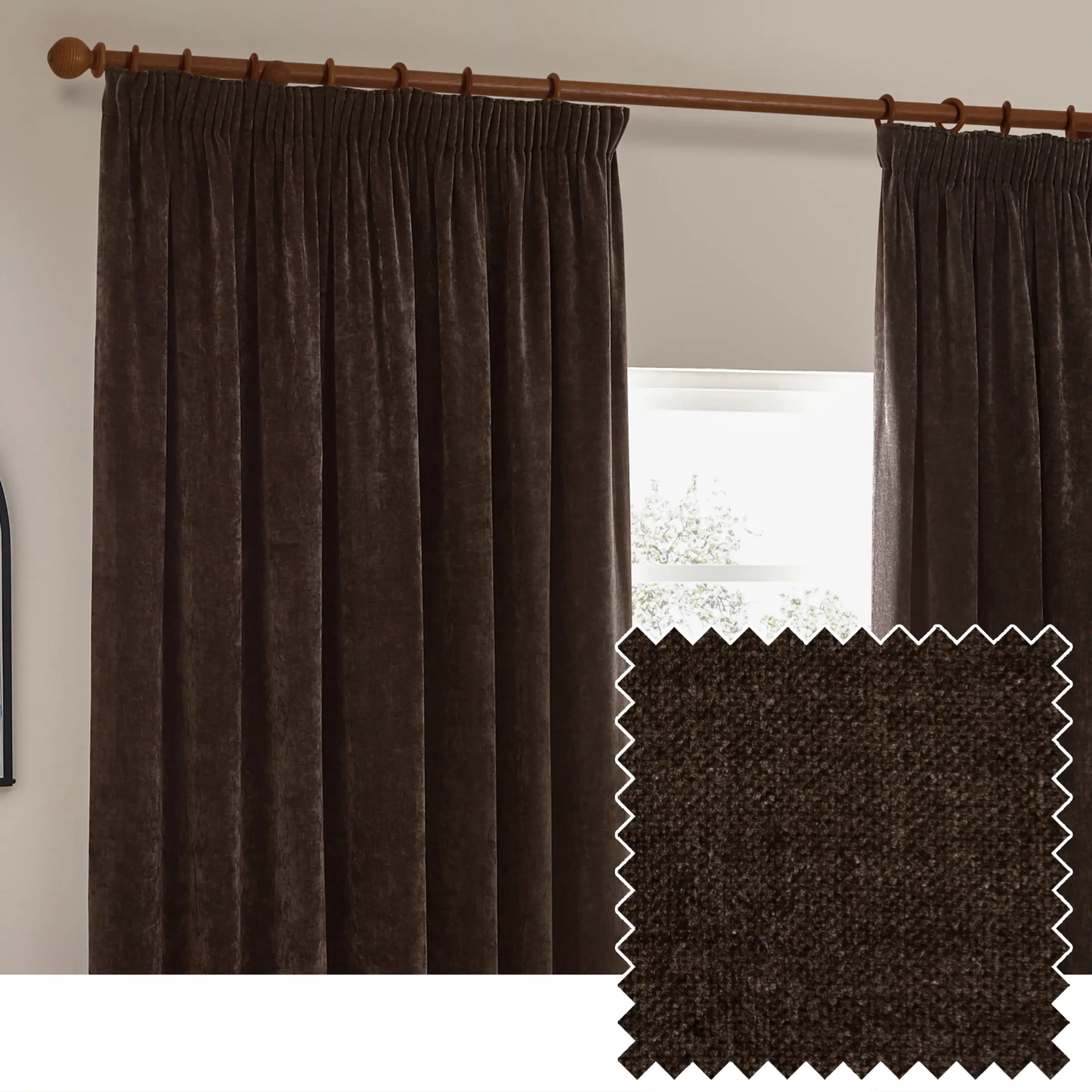 Heavy Chenille Blackout Pencil Pleat Curtains (Brown)