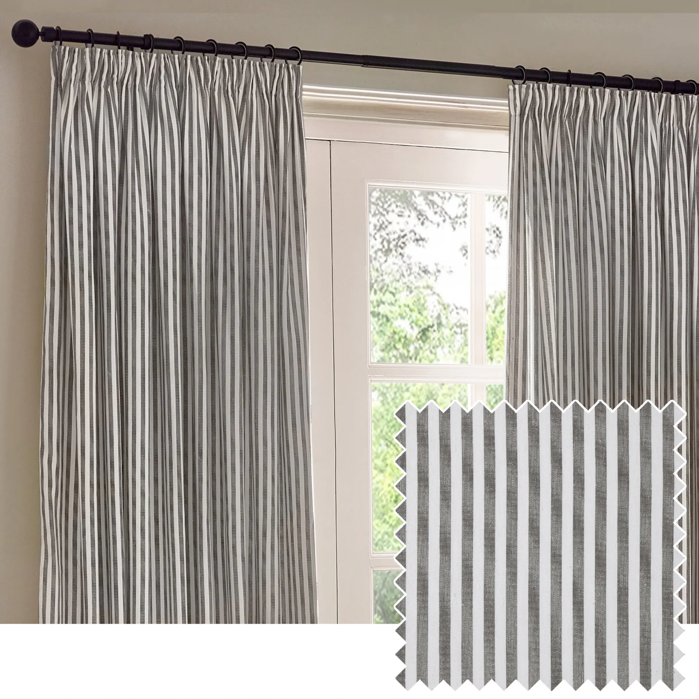 Hebden Striped Lined Cotton Pencil Pleat Curtains (Grey)