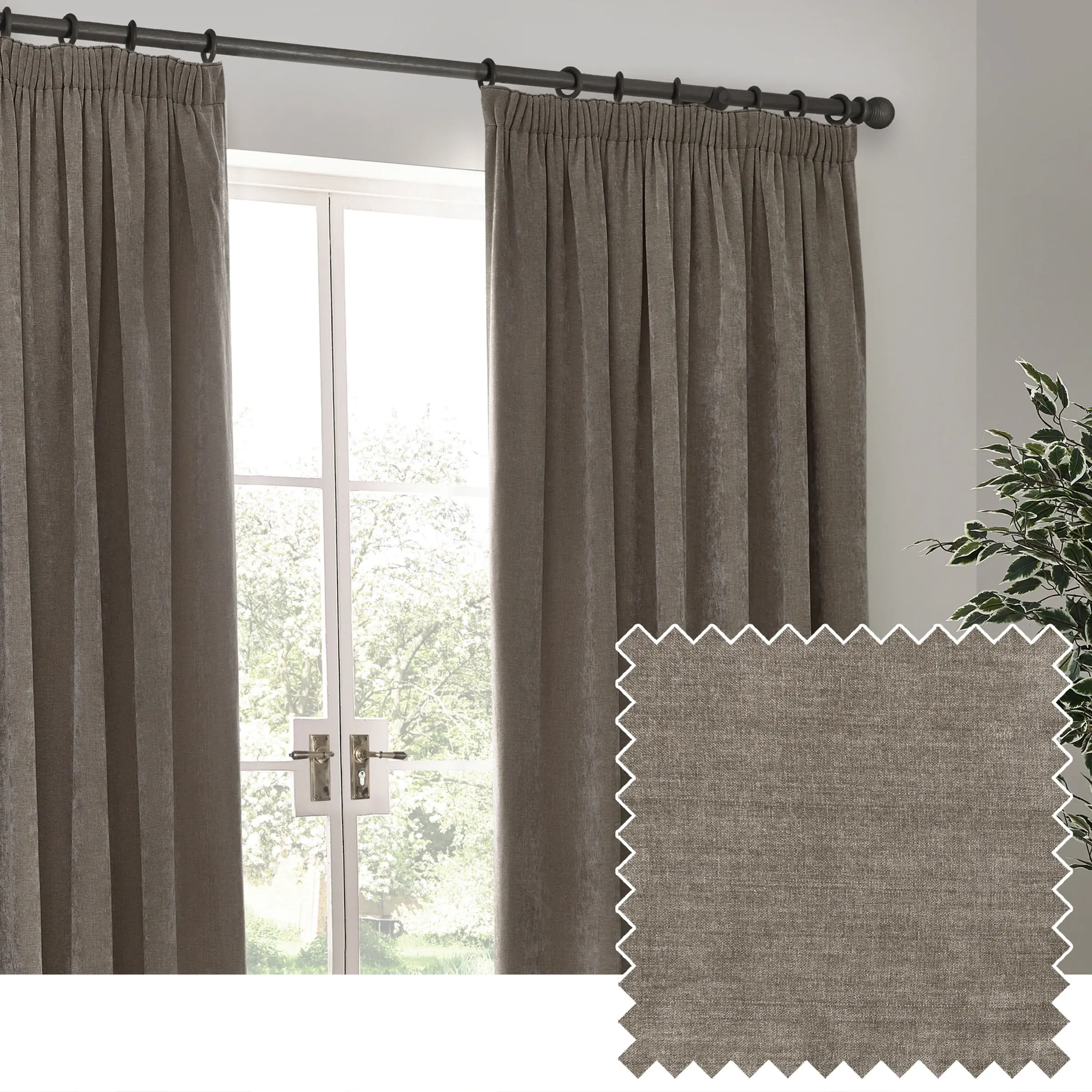 Heavy Chenille Blackout Pencil Pleat Curtains (Greige)