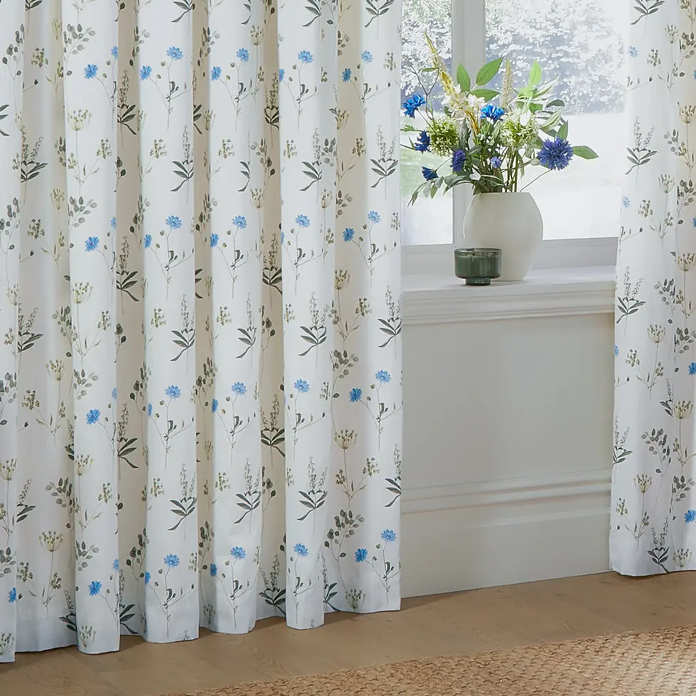 Thumbnail: Meadow Floral 100% Cotton Lined Pencil Pleat Curtains (White/Cornflower)