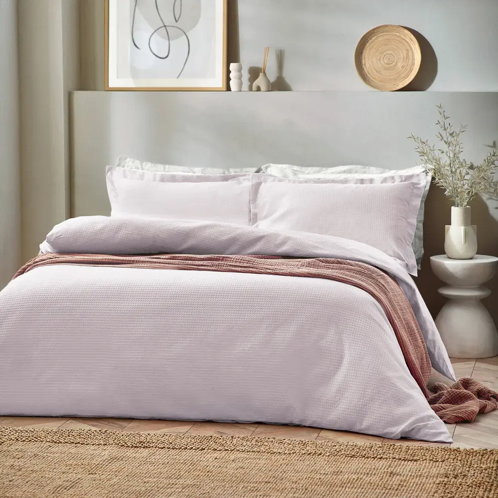 Waffle Textured 100% Cotton Duvet Cover Set (Blush)