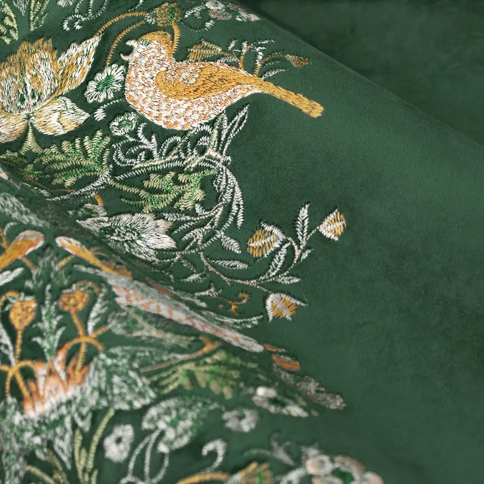 Thumbnail: Strawberry Thief Fully Lined Embroidered Velvet Pencil Pleat Curtains (Green)