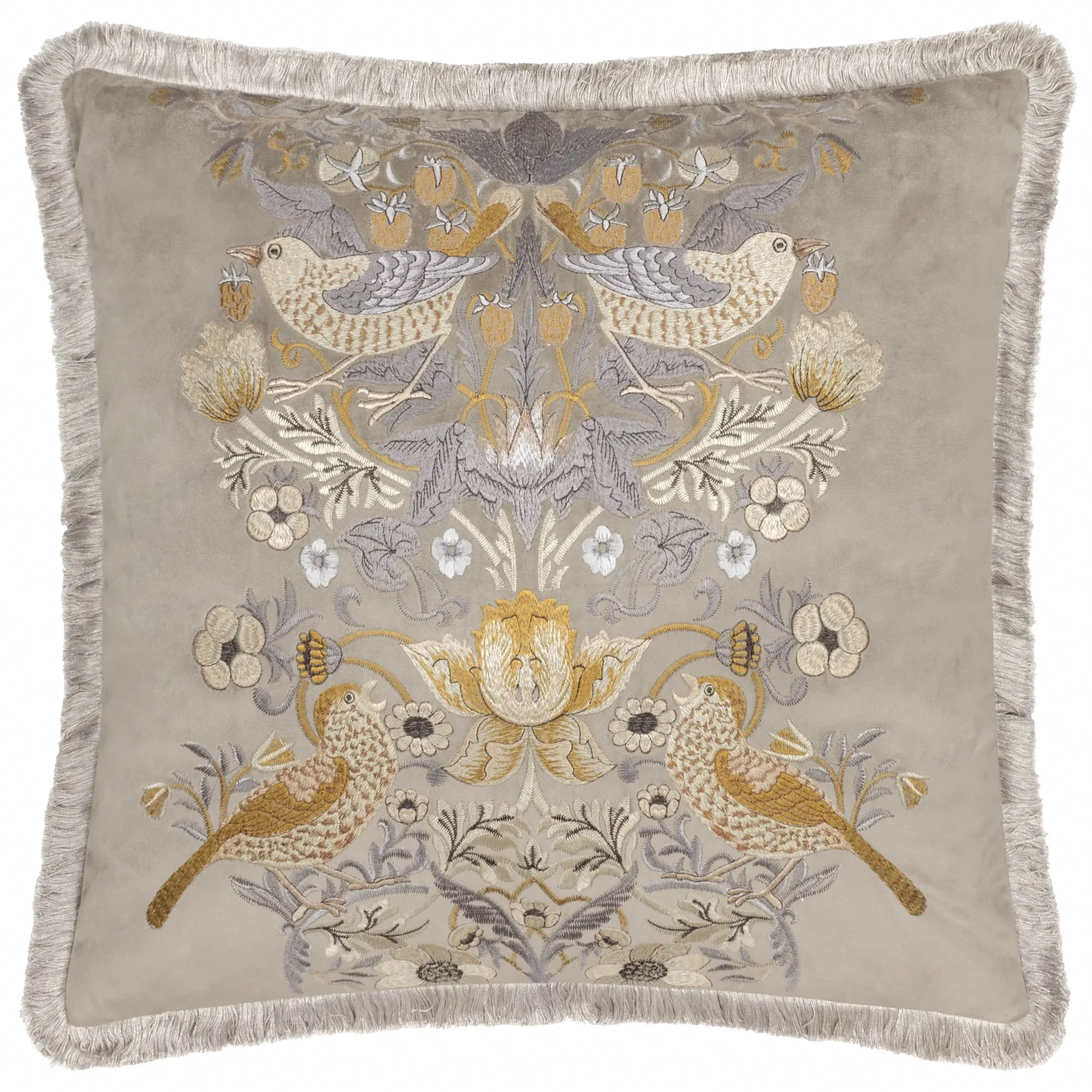 Strawberry Thief Embroidered Velvet Cushion Cover (Biscuit)