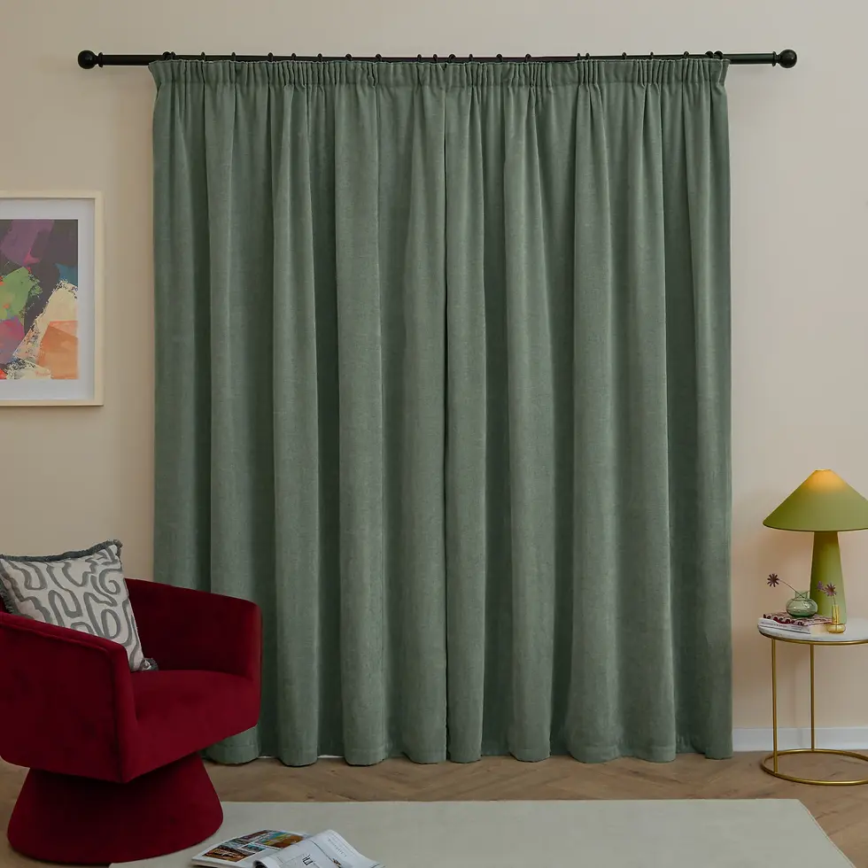 Thumbnail: Soft Chenille Blackout Pencil Pleat Curtains (Green)