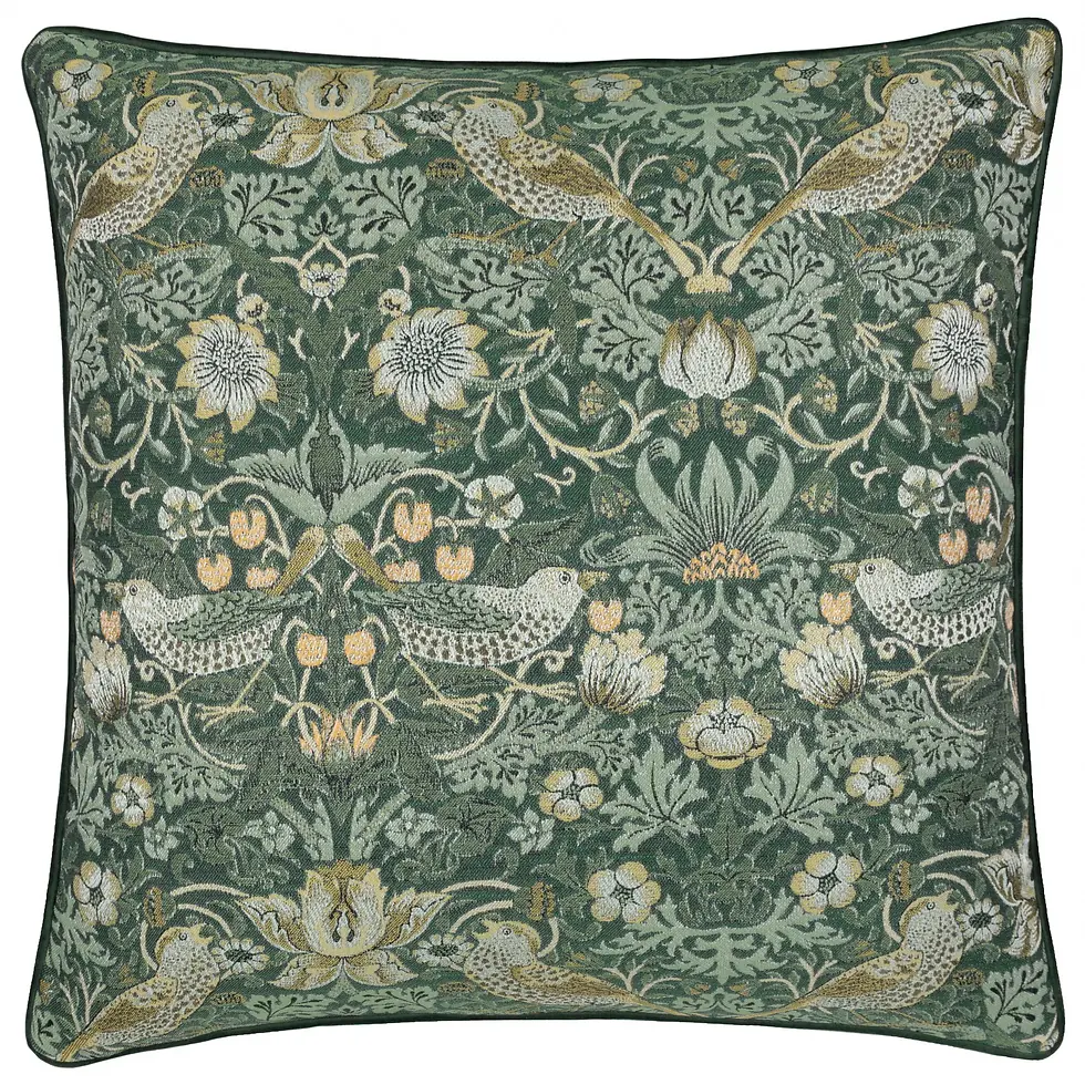 Strawberry Thief Piped Jacquard Cushion Cover (Forest Green)