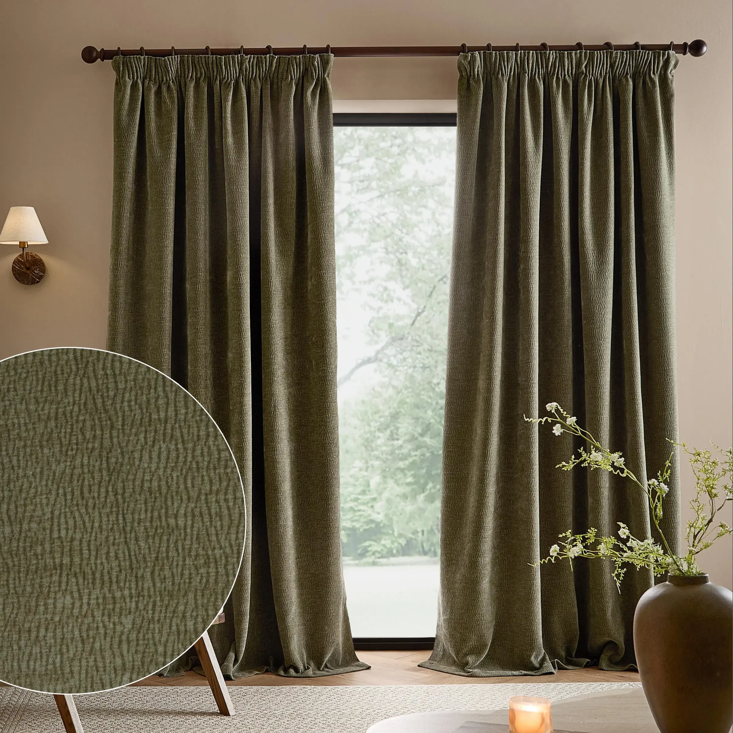 Heath Washed Velvet Fully Lined Pencil Pleat Curtains (Eucalyptus)