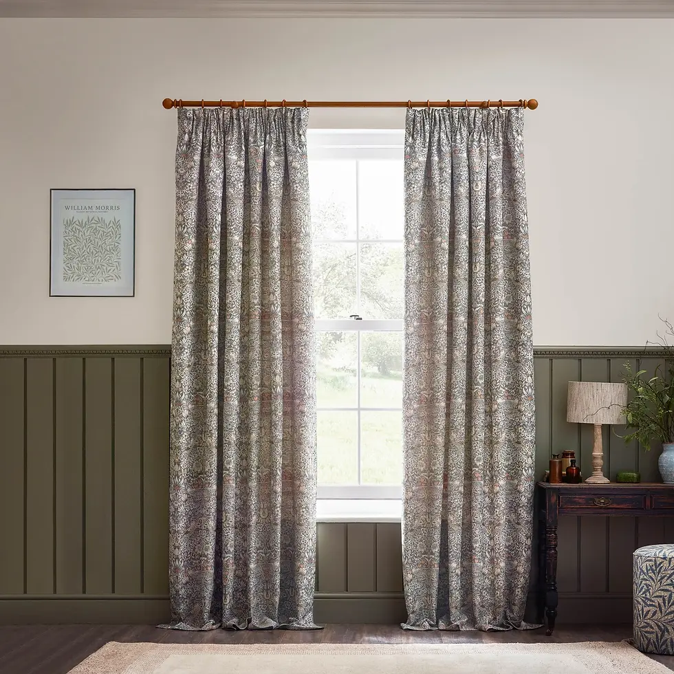 Thumbnail: Strawberry Thief Fully Lined Jacquard Pencil Pleat Curtains (Biscuit)