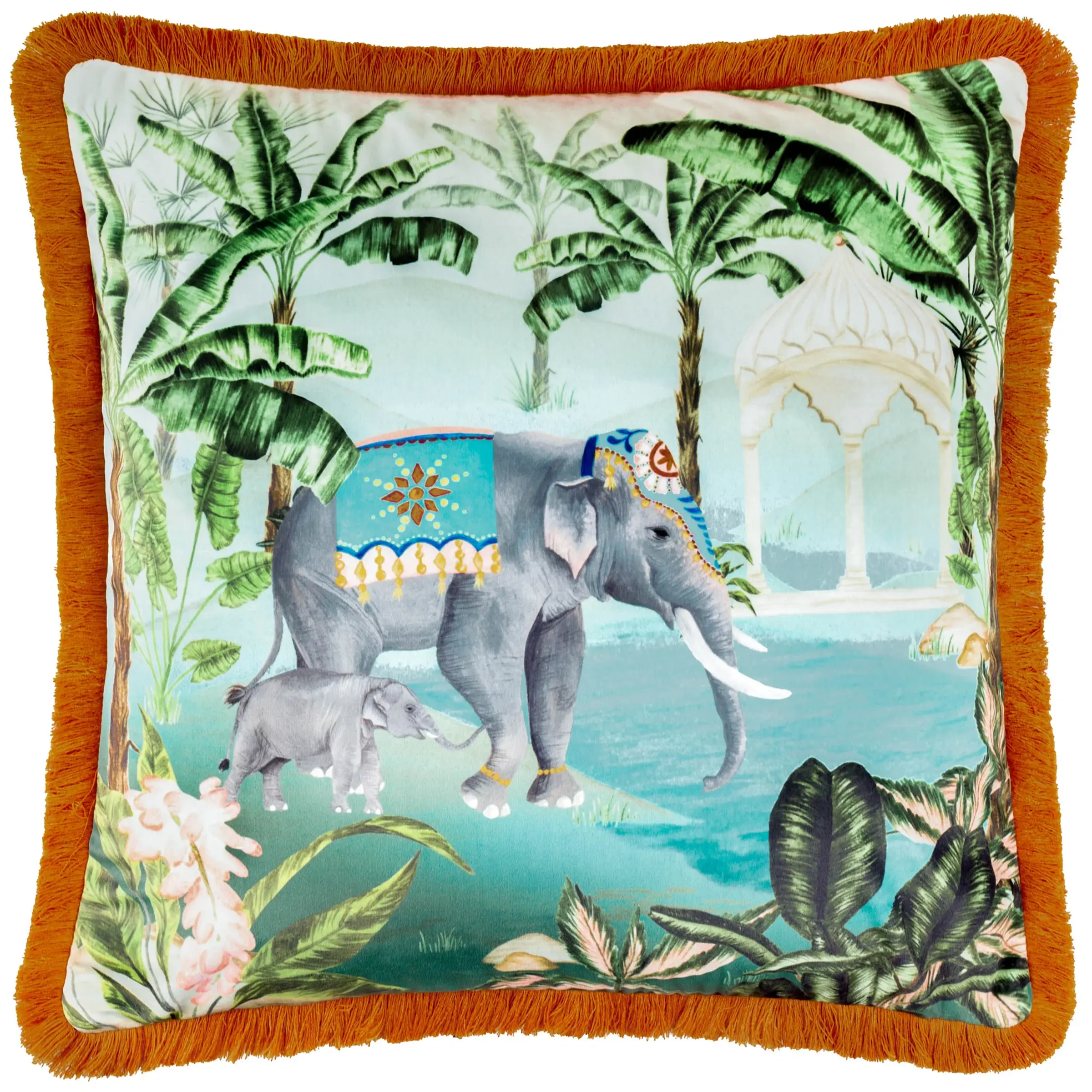 Odisha Scene Printed Velvet Cushion Cover (Multicolour)