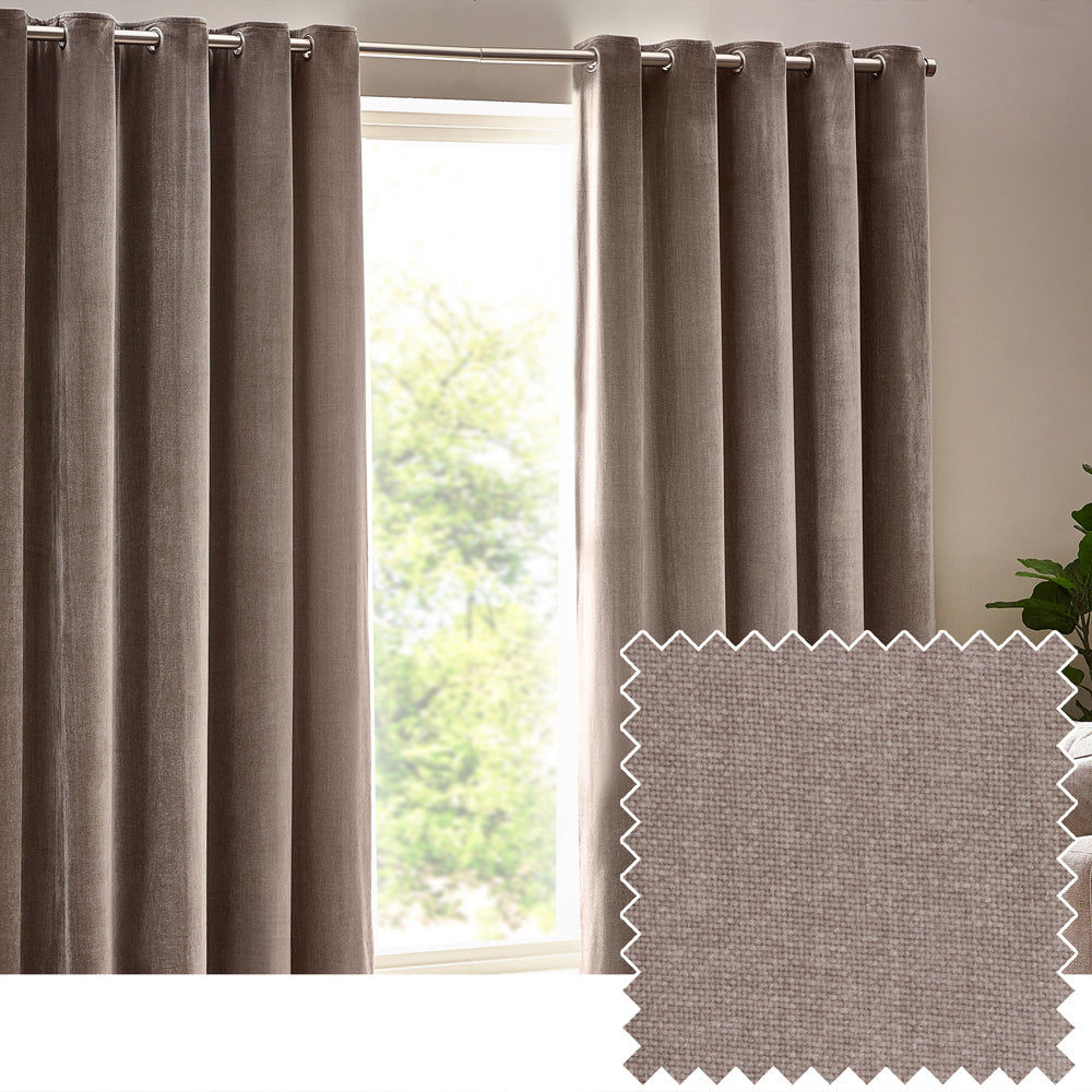 Heavy Chenille Fully Lined Velvet Eyelet Curtains (Greige)
