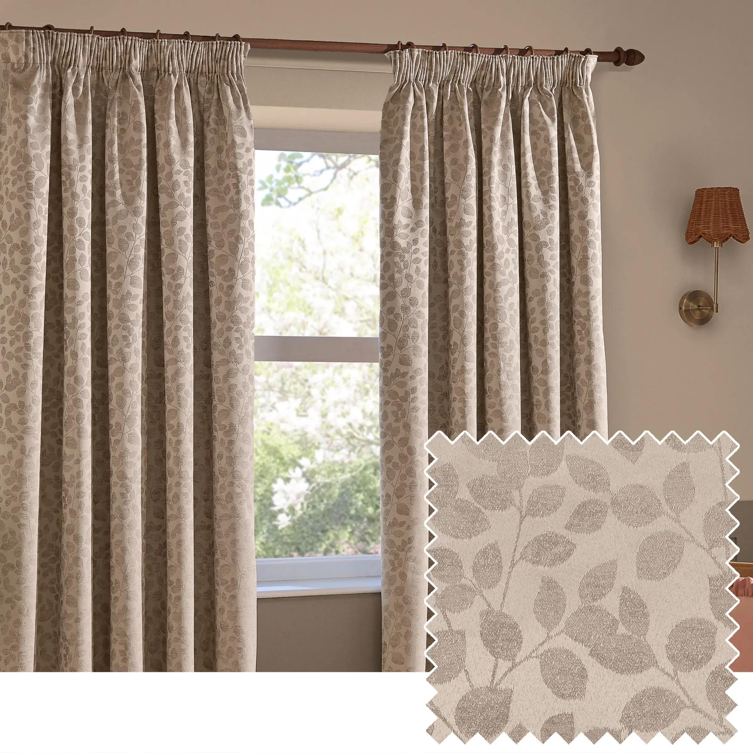 Grace Leaf Jacquard Fully Lined Pencil Pleat Curtains (Taupe)