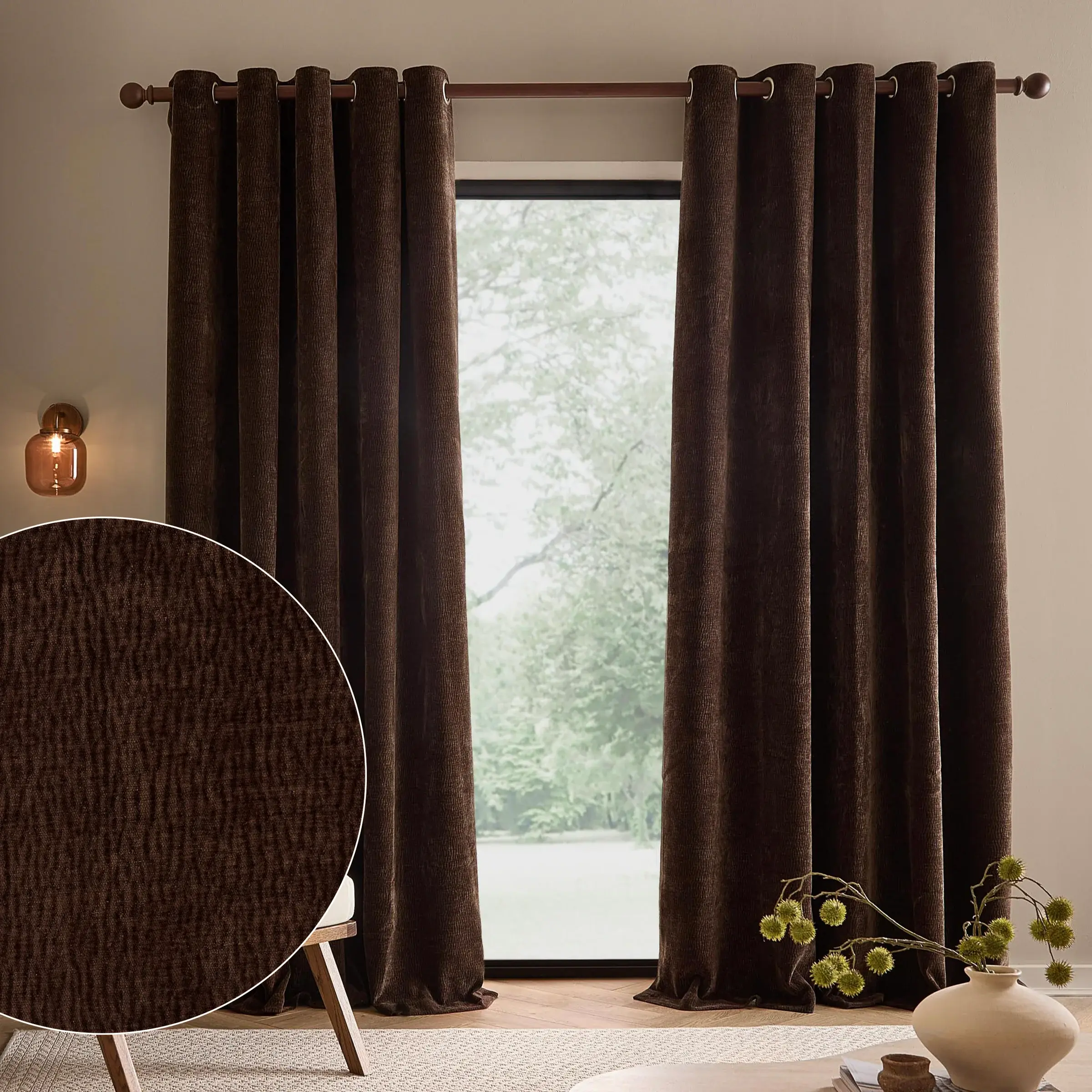 Heath Washed Velvet Fully Lined Eyelet Curtains (Espresso Brown)