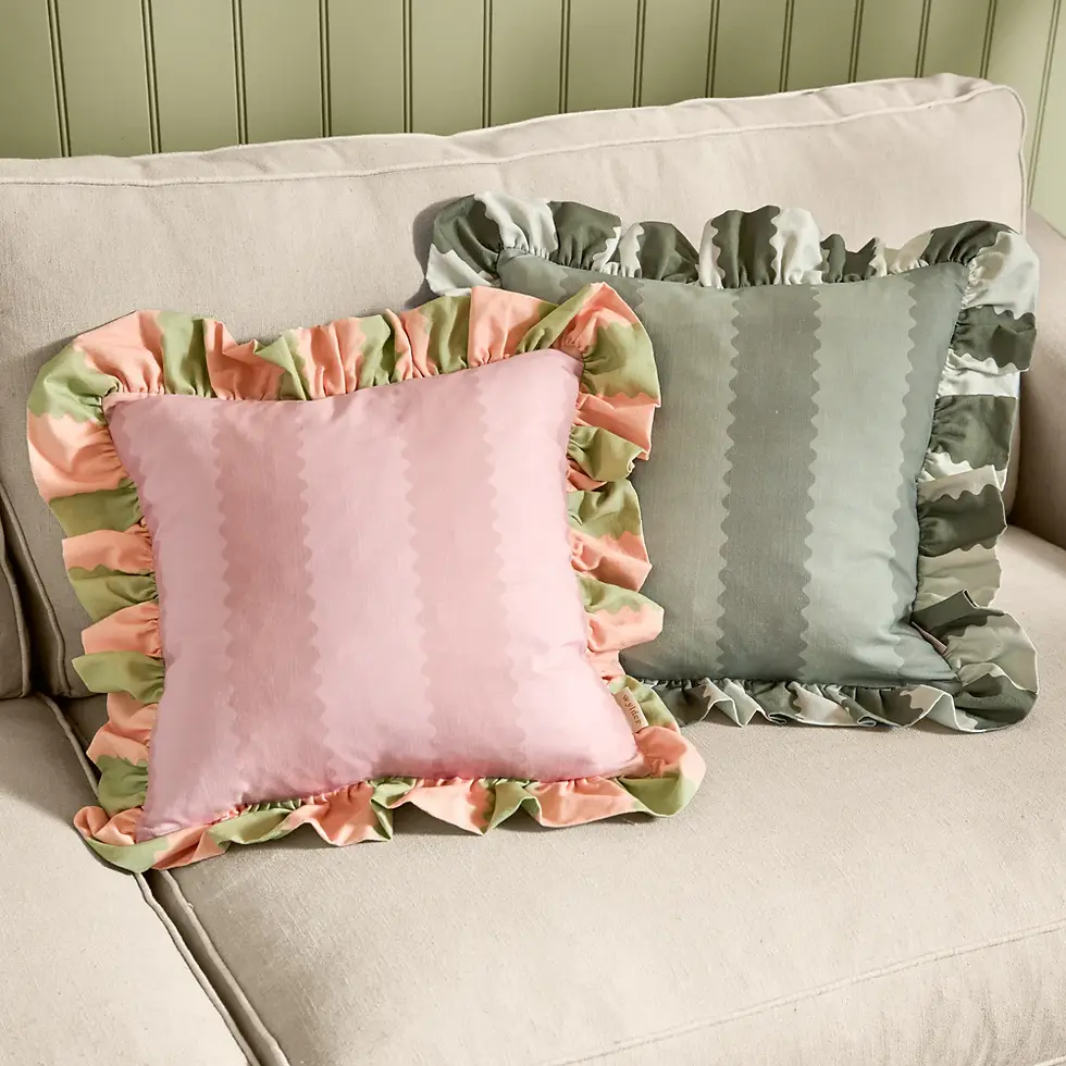 Thumbnail: Birdie Stripe Ruffle Cushion Cover (Pink/Green)