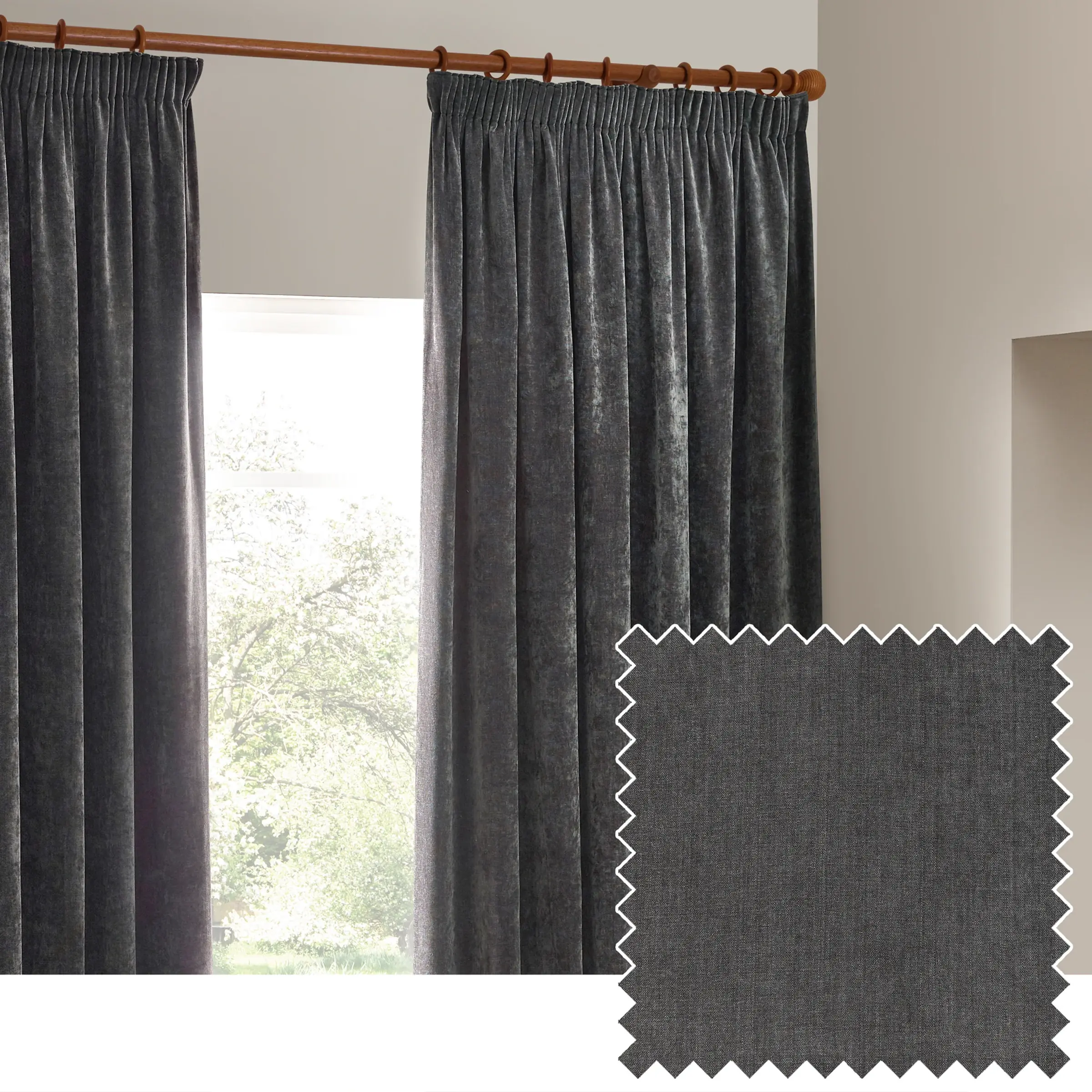 Heavy Chenille Blackout Pencil Pleat Curtains (Charcoal)