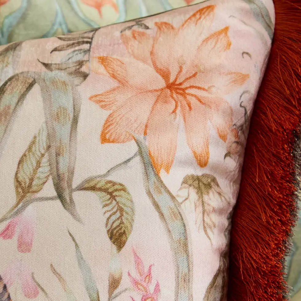 Thumbnail: Tropical Utopia Printed Velvet Cushion (Lotus)