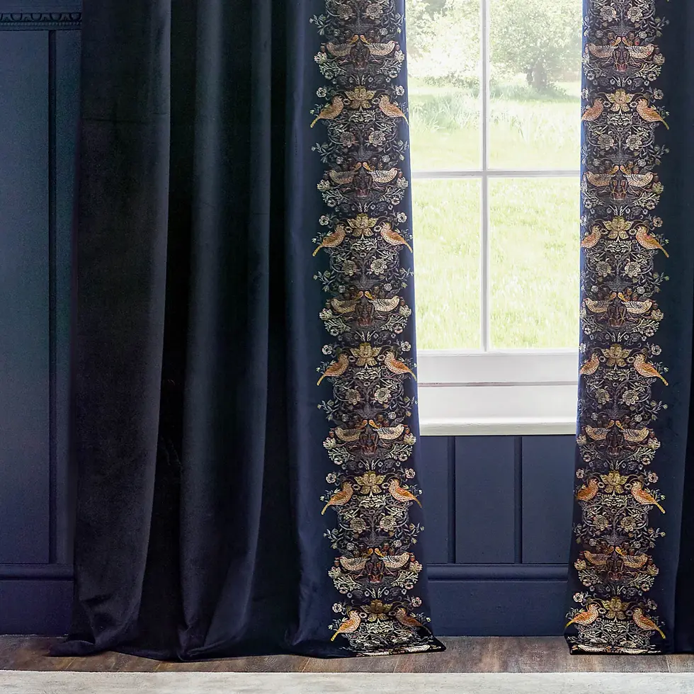 Thumbnail: Strawberry Thief Fully Lined Embroidered Velvet Pencil Pleat Curtains (Indigo)