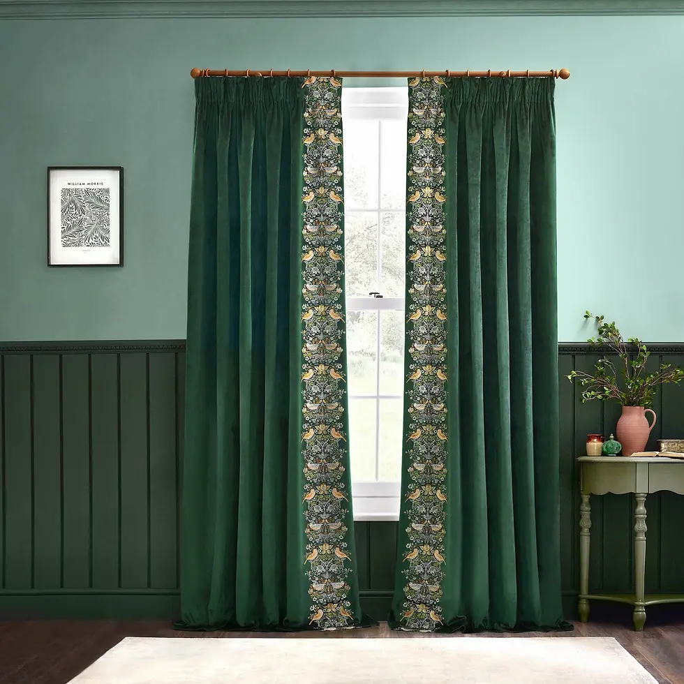 Thumbnail: Strawberry Thief Fully Lined Embroidered Velvet Pencil Pleat Curtains (Green)