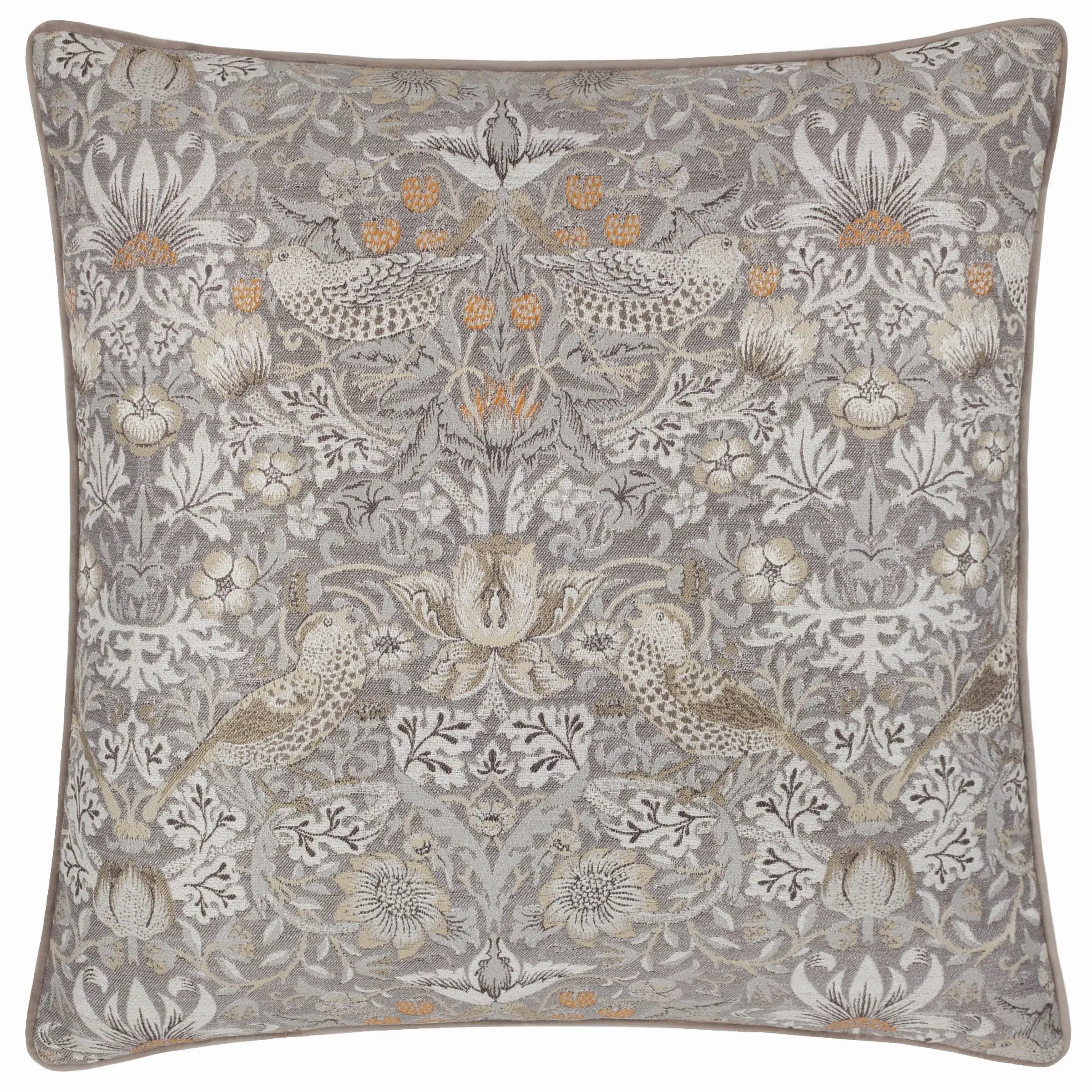 Strawberry Thief Piped Jacquard Cushion Cover (Biscuit)