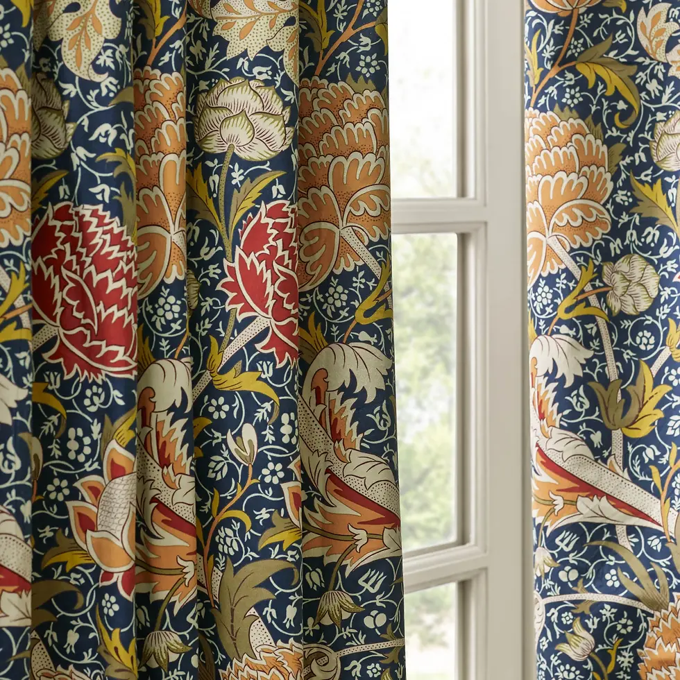Thumbnail: Cray Fully Lined Floral Velvet Pencil Pleat Curtains (Indigo/Berry)