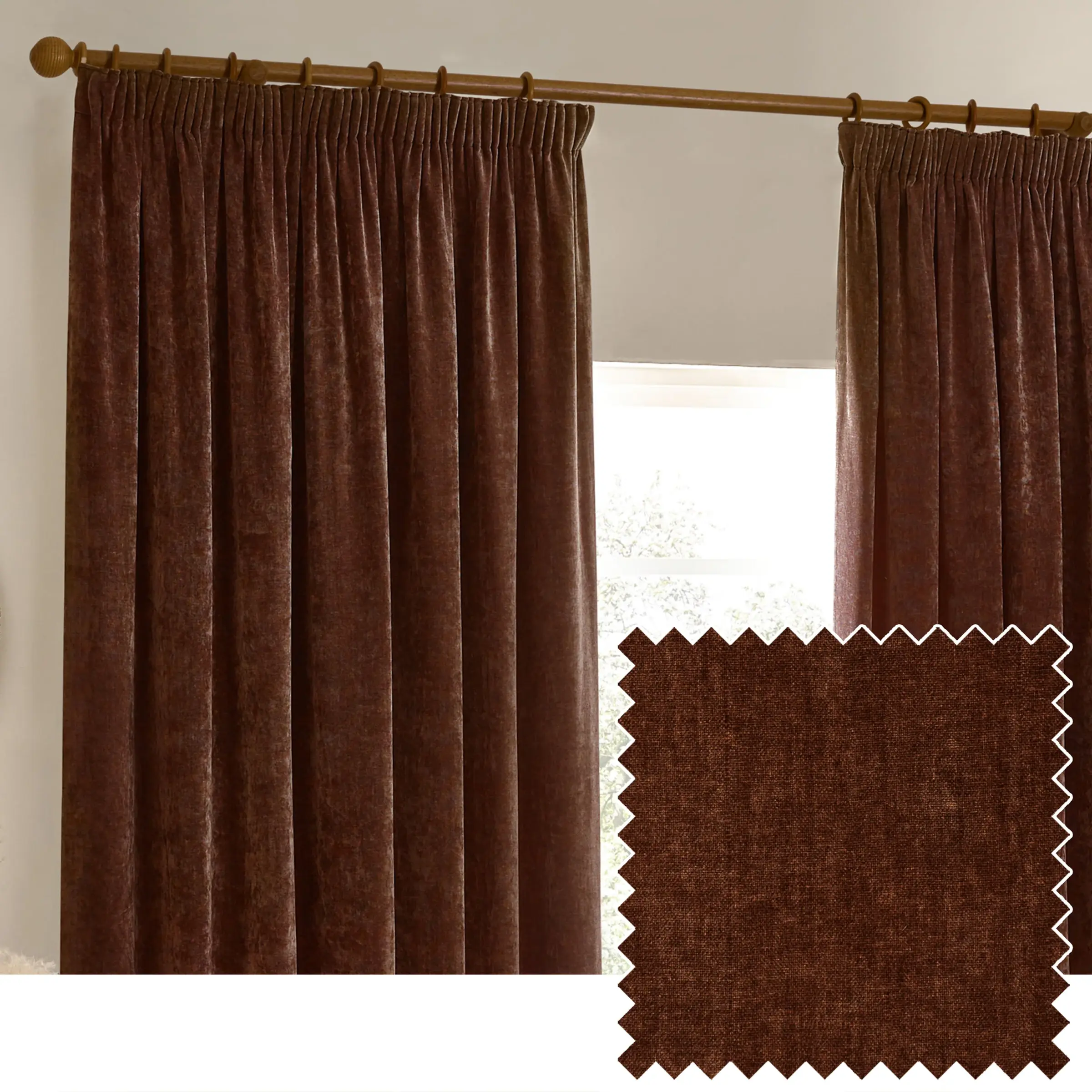 Heavy Chenille Fully Lined Velvet Pencil Pleat Curtains (Nutmeg)