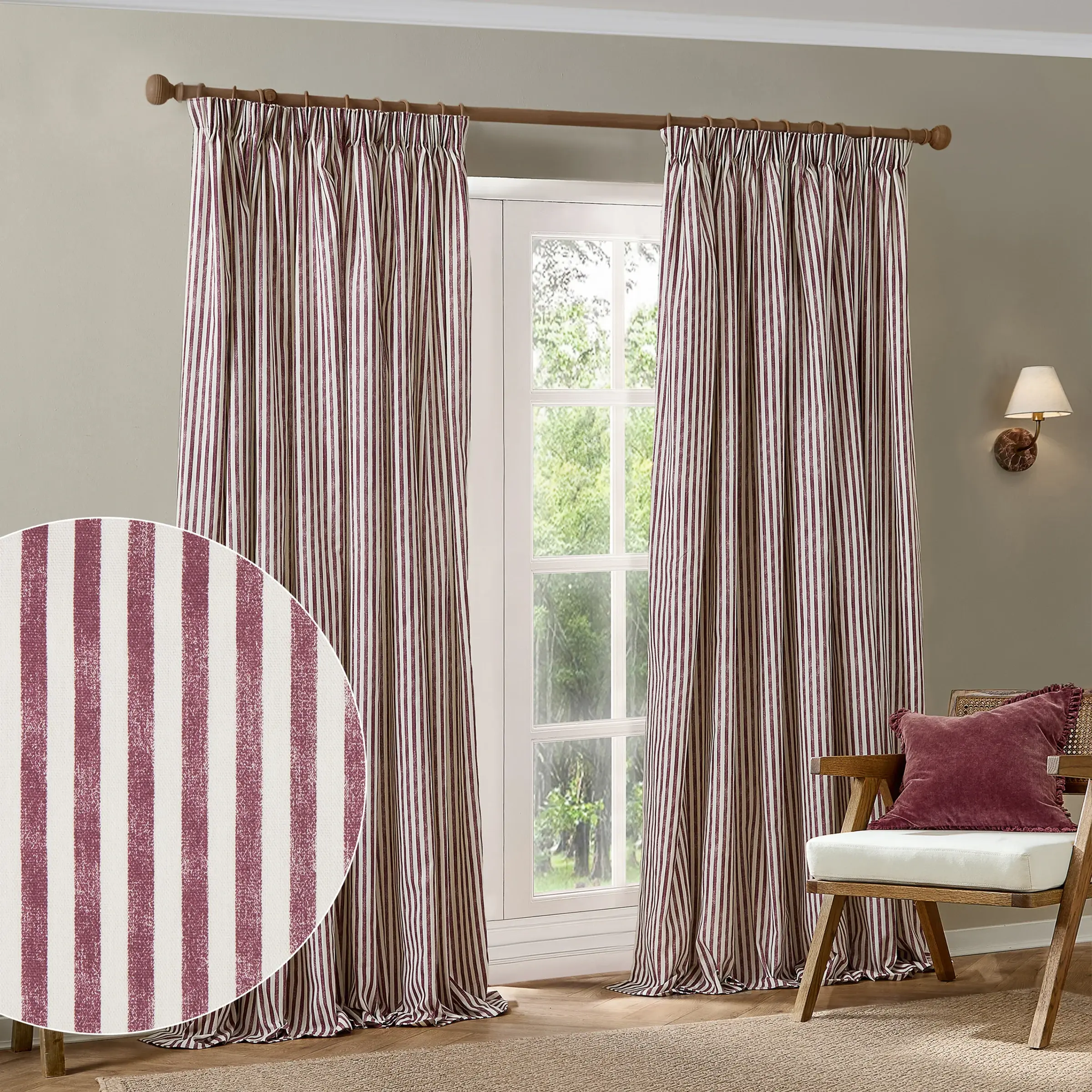 Hebden Striped 100% Cotton Lined Pencil Pleat Curtains (Beetroot)