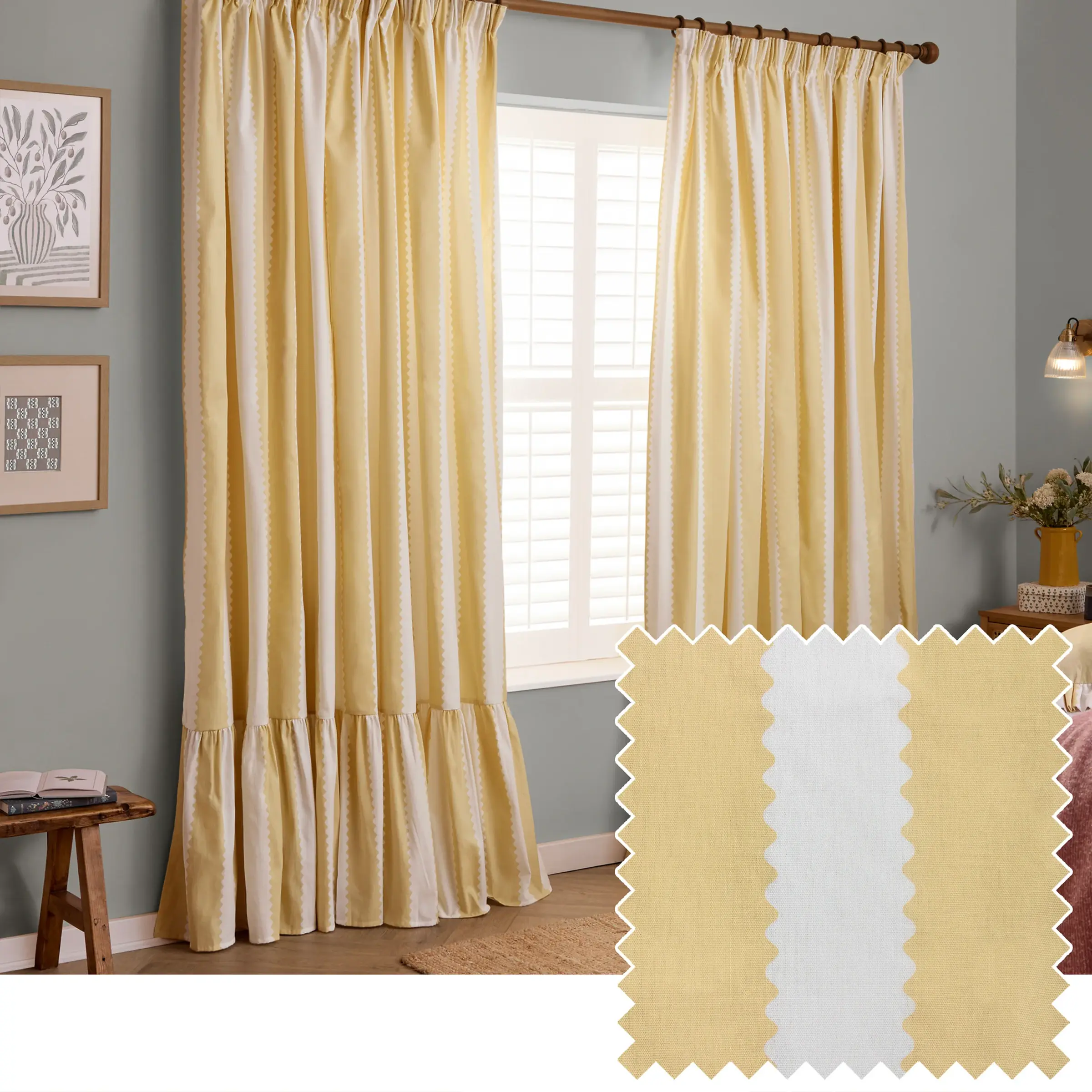 Birdie Stripe Fully Lined Ruffle Pencil Pleat Curtains (Butter Yellow)