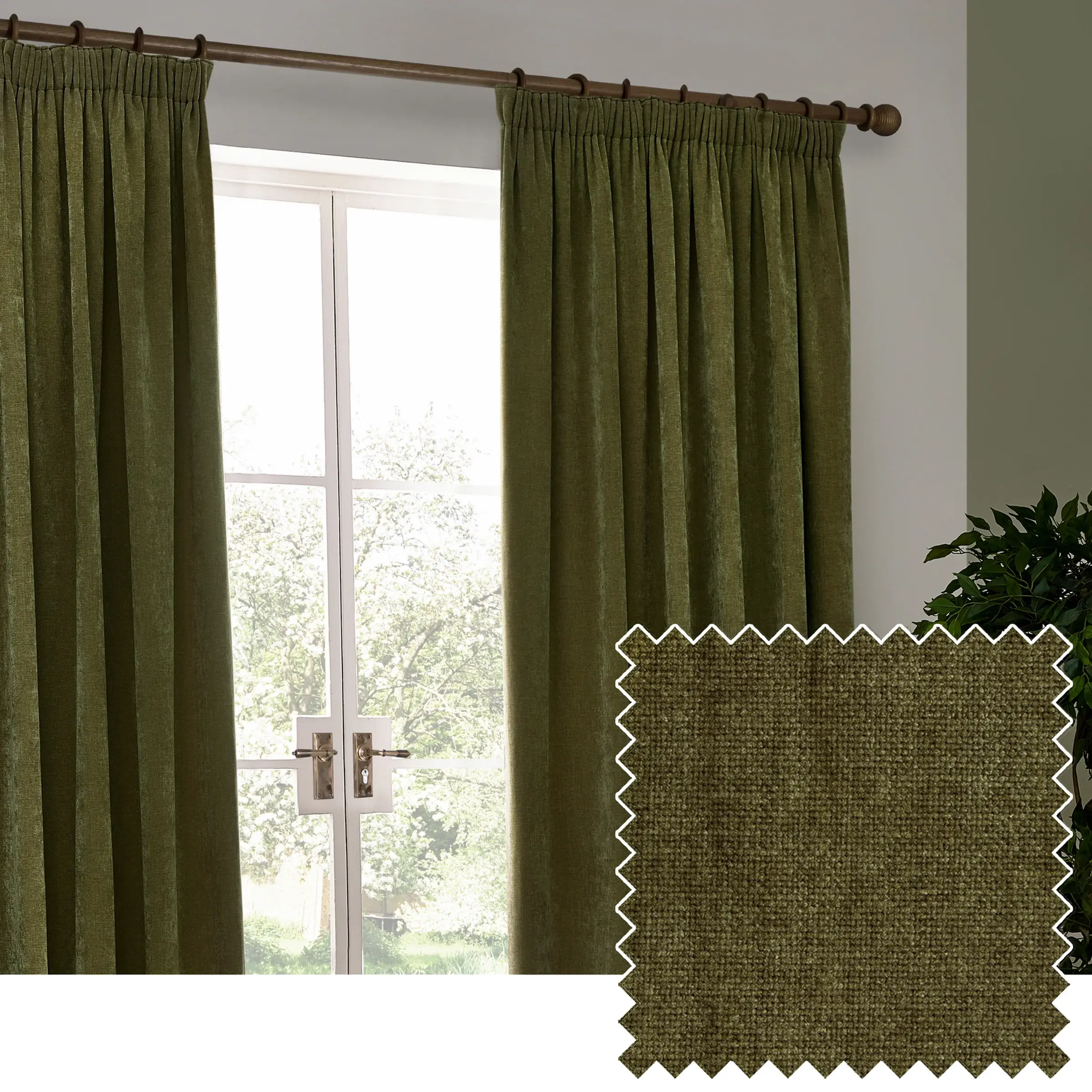 Heavy Chenille Blackout Pencil Pleat Curtains (Olive)