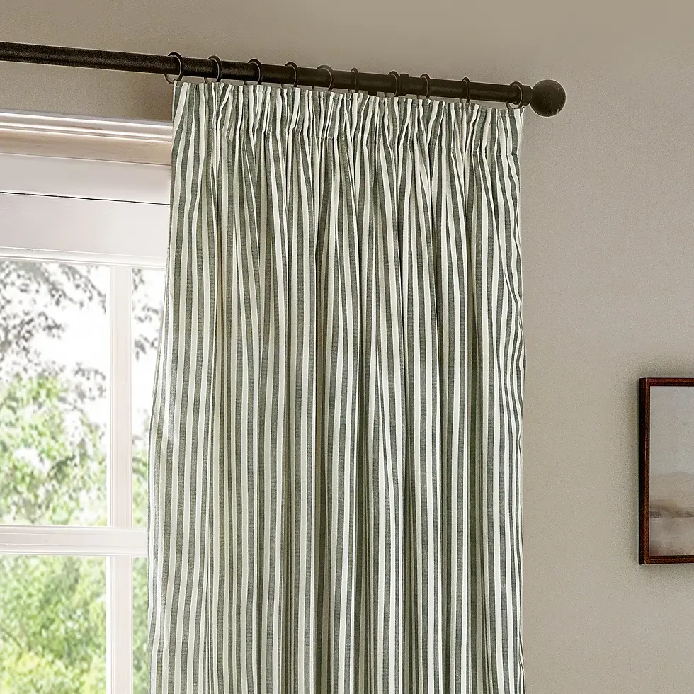 Thumbnail: Hebden Striped Lined Cotton Pencil Pleat Curtains (Forest Green)
