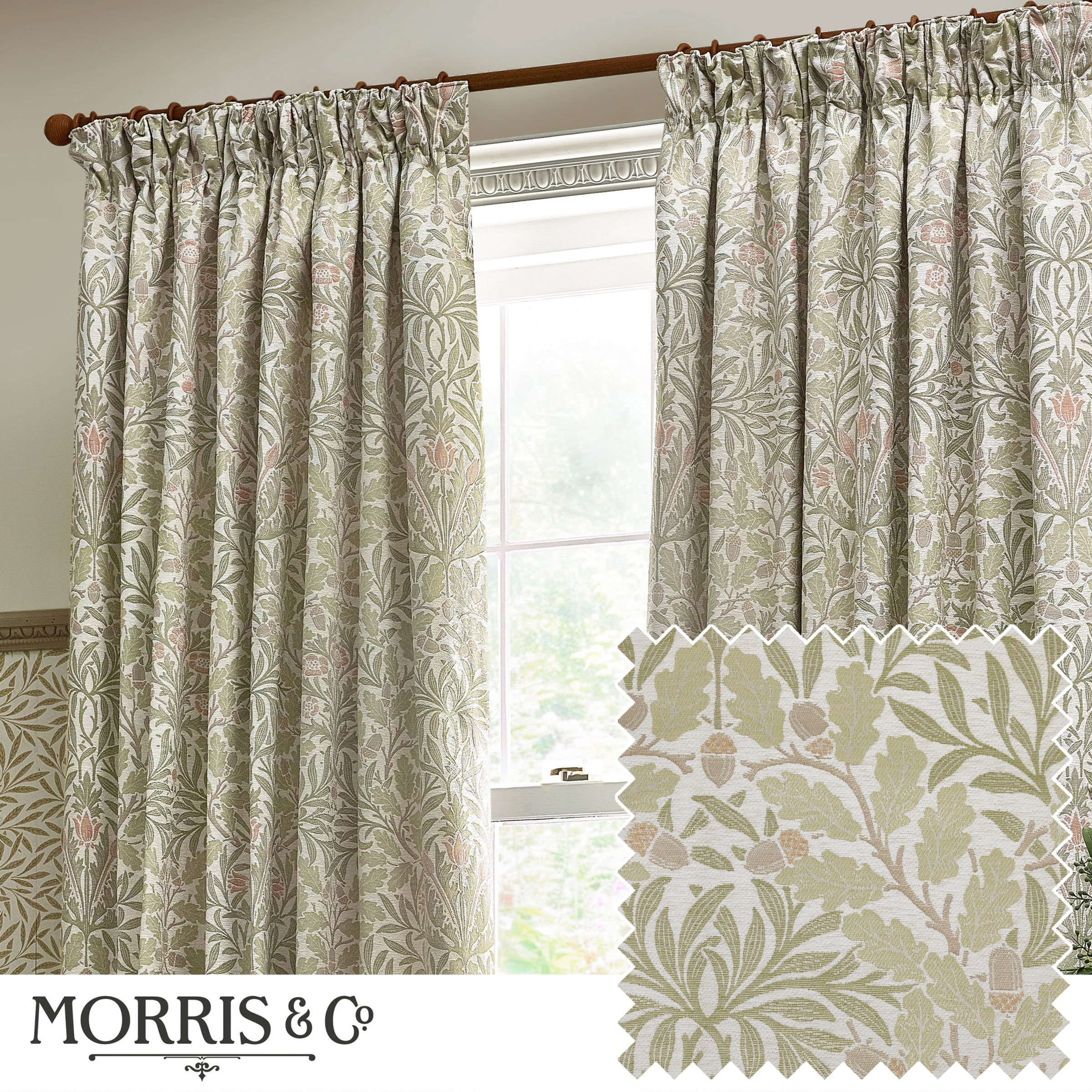 Acorn Multi Fully Lined Floral Jacquard Pencil Pleat Curtains (Stone/Sage)