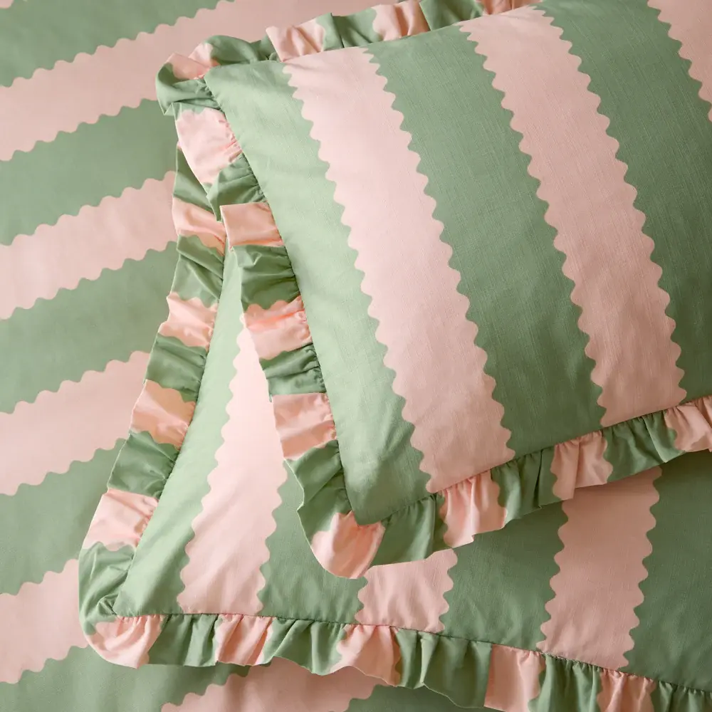Birdie Stripe Ruffle Pillowcase Pair (Pink/Green)