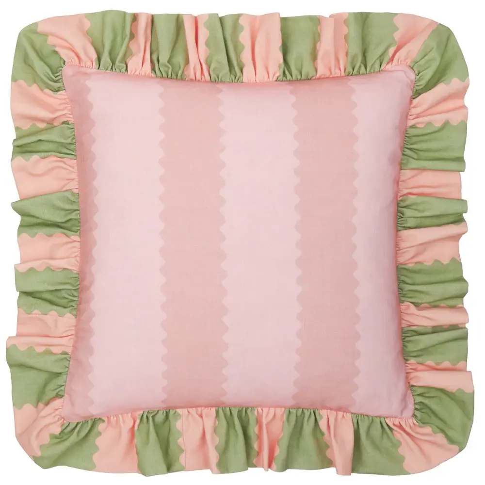 Birdie Stripe Ruffle Cushion Cover (Pink/Green)