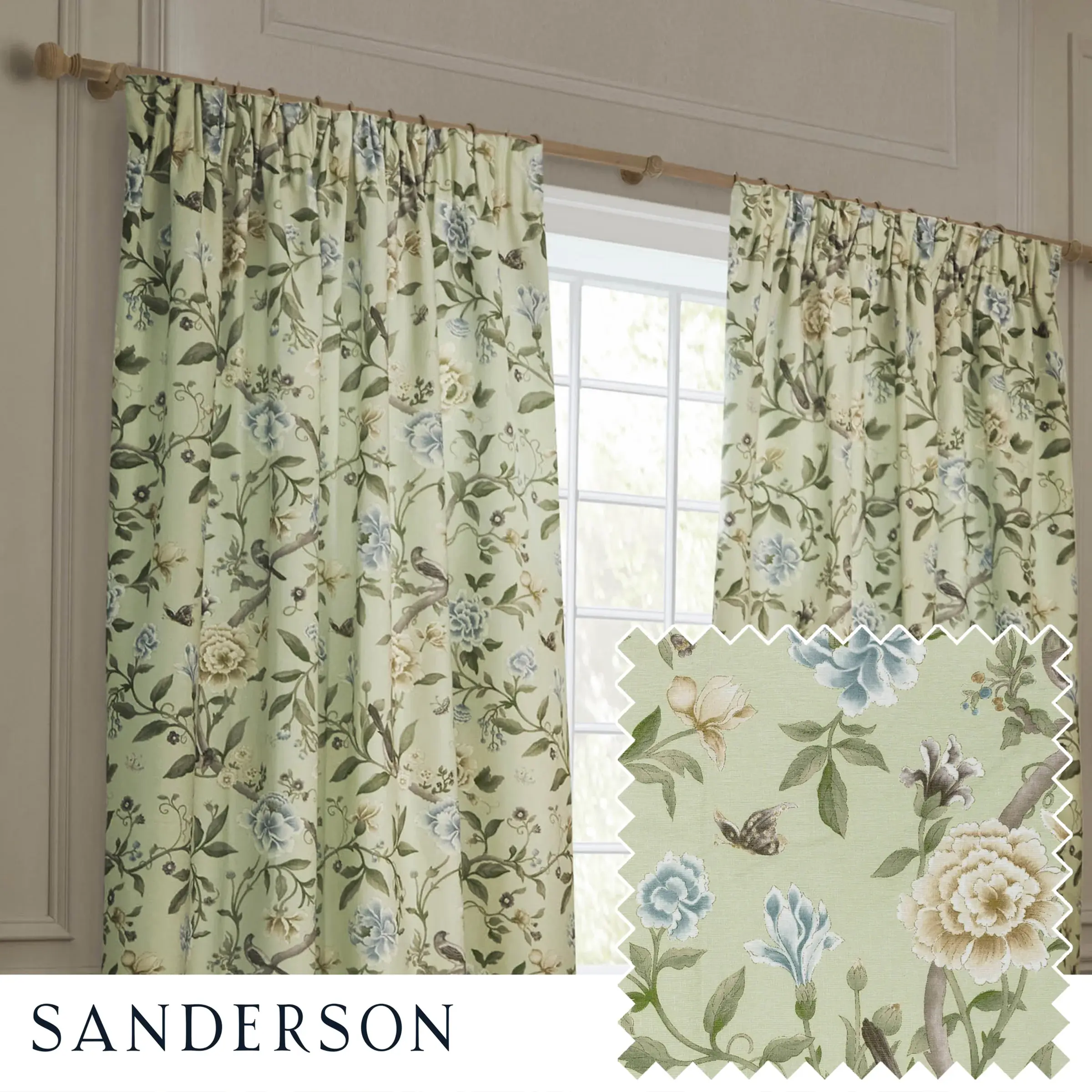 Porcelain Garden Printed Chenille Pencil Pleat Curtains (Sage)