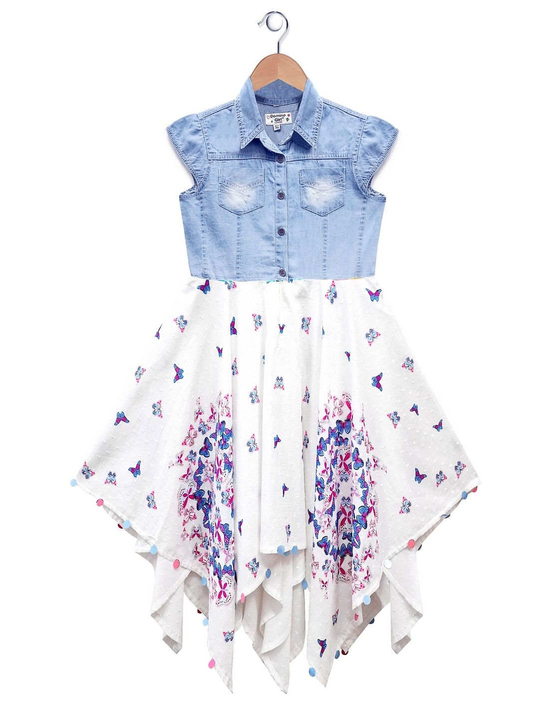 Denim Top Butterfly Print Girls Hanky Hem Dress