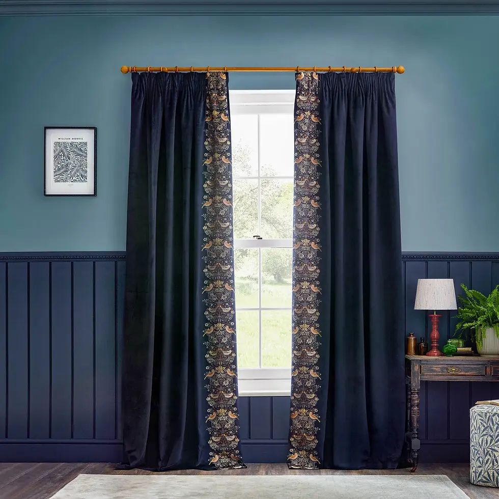 Thumbnail: Strawberry Thief Fully Lined Embroidered Velvet Pencil Pleat Curtains (Indigo)