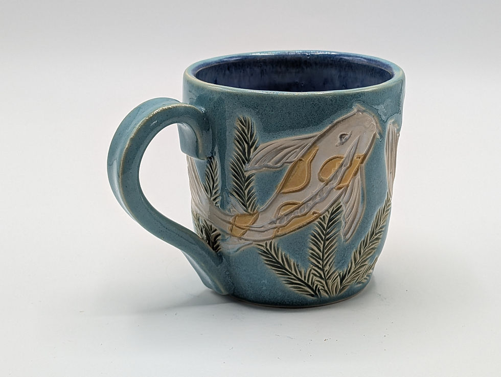 Thumbnail: Tall mug, Koi Carp and pond weed design