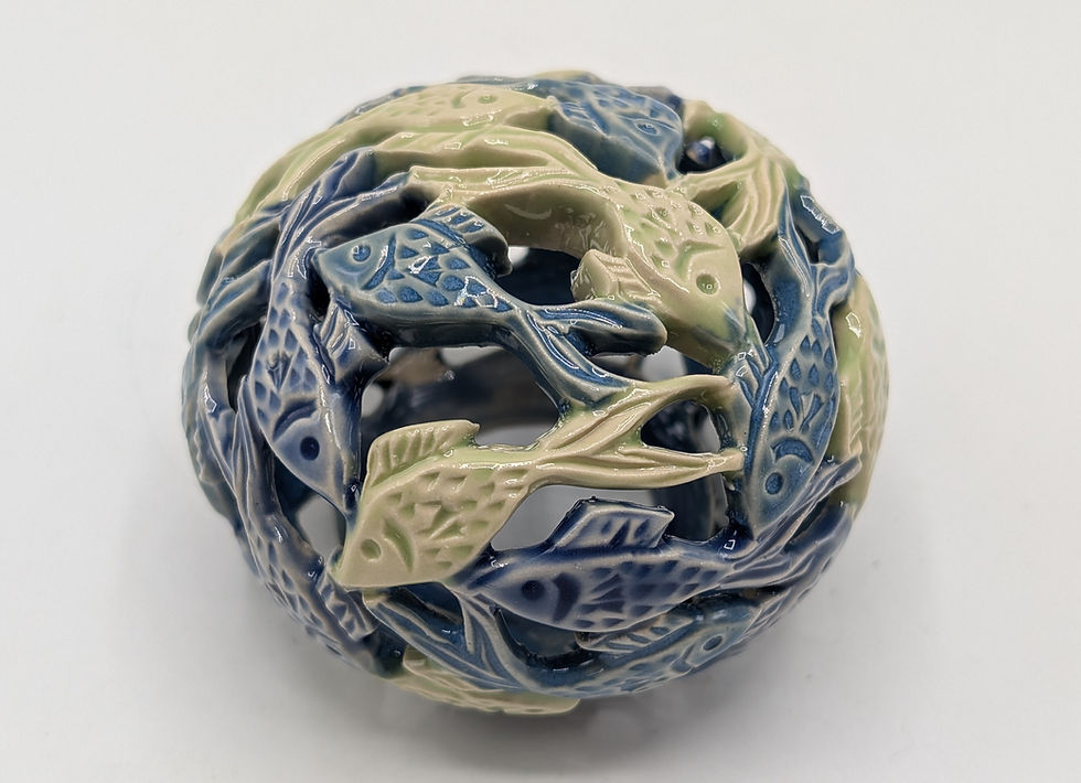 Thumbnail: Hand Thrown Pottery,  blue/green little fish pattern pierced bauble