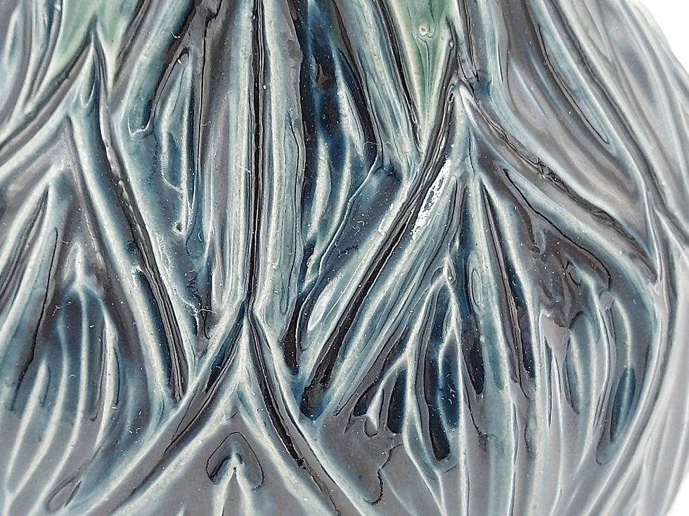 Thumbnail: Hand Thrown Pottery, Glazed and Carved Leaf Pattern Vase