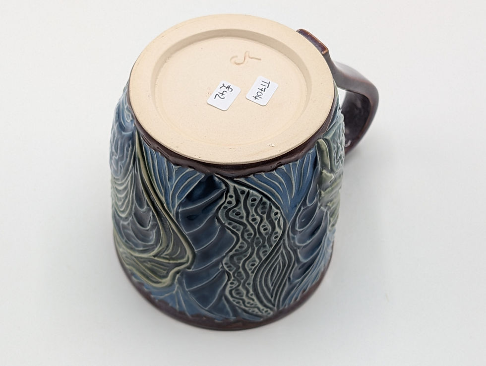 Thumbnail: Tall mug, Textured abstract design in blues, greens and purple