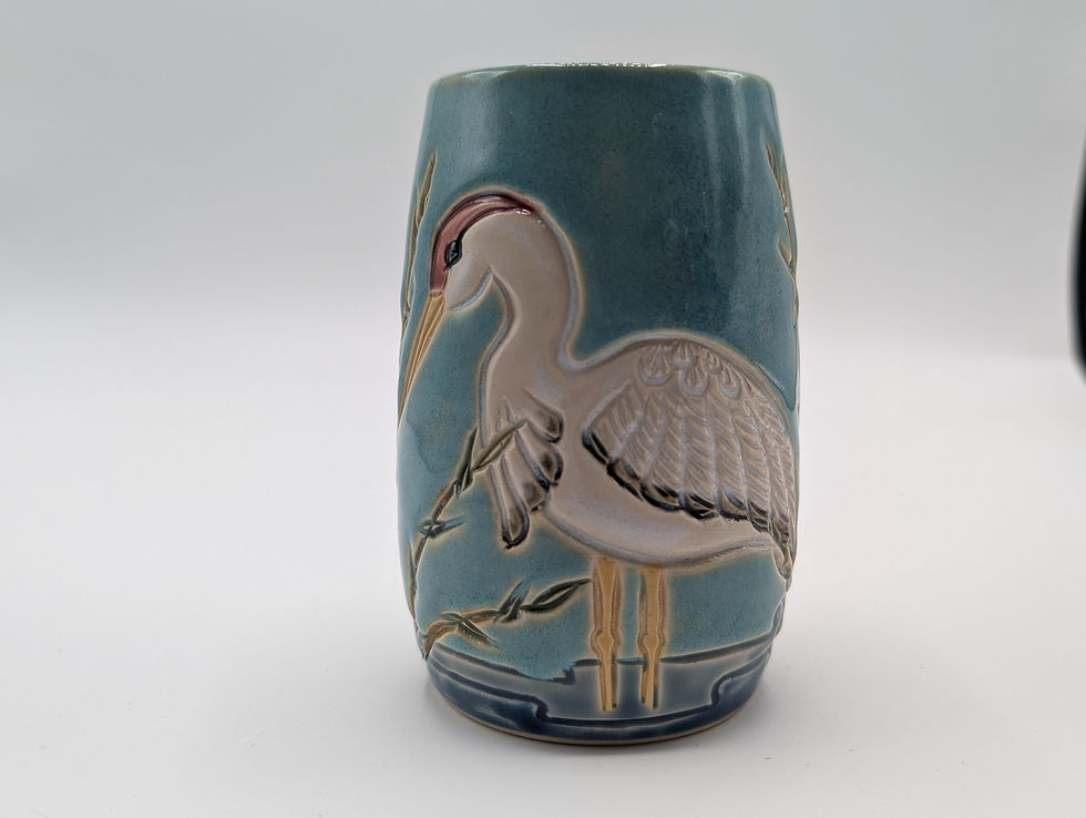Thumbnail: Hand Thrown Pottery, Glazed and Carved Cranes Vase