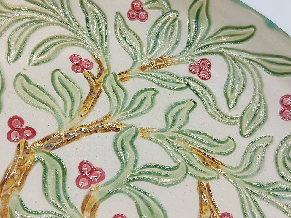 Thumbnail: Carved red berry tree of life bowl, hand thrown pottery