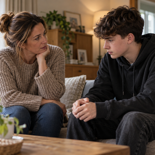Parent having a calm supportive conversation with a teenager
