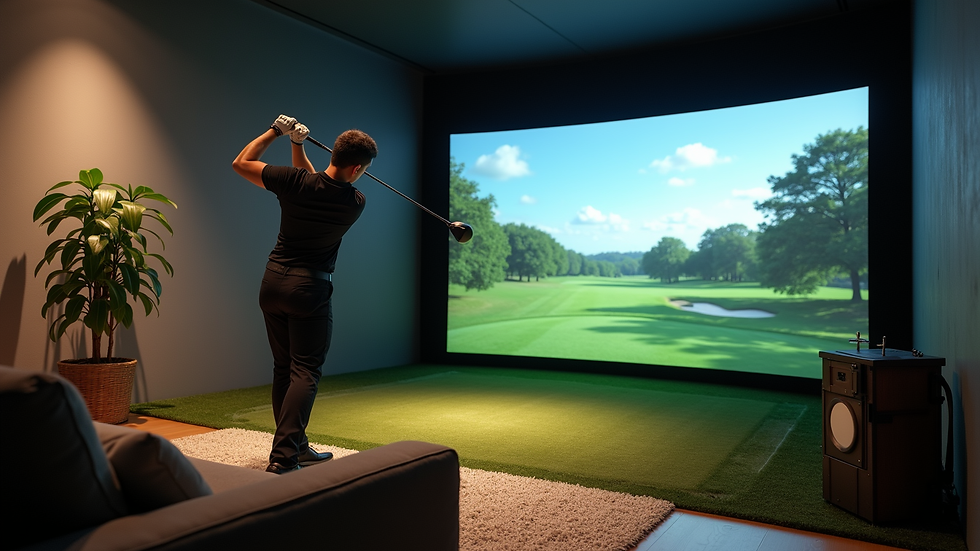 High angle view of a golf simulator setup in a home environment