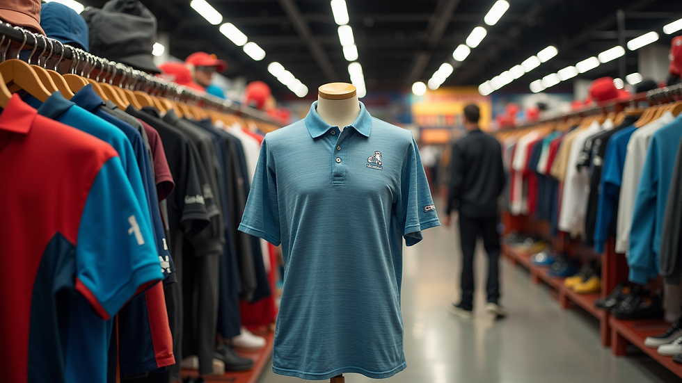 Eye-level view of a vibrant display of racing and golf apparel