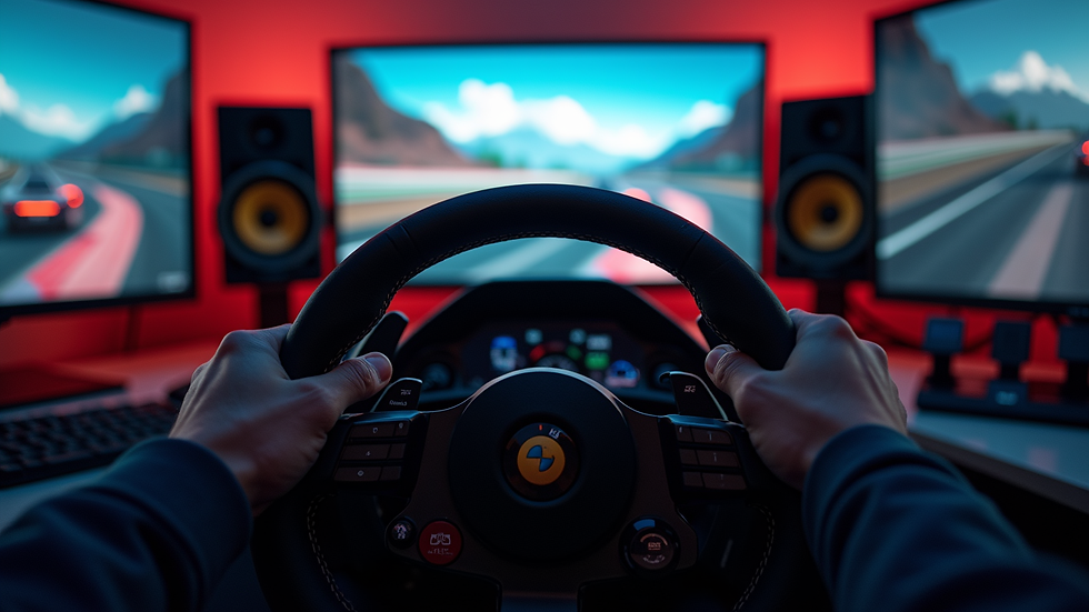 Eye-level view of a racing simulator setup with a steering wheel and pedals