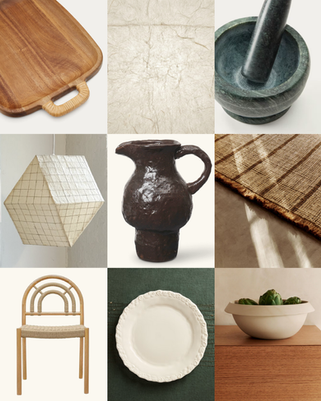 Collage of nine kitchen decor items curated by Kachi Interiors, featuring a brown acacia serving board, dark brown jug, beige ceramic plate with subtle ornament, textured paper pendant light, neutral woven kitchen rug, minimalist dining chair, green marble mortar, and additional wooden serving board. A warm, material-focused selection highlighting natural textures, earthy tones and crafted kitchen essentials.